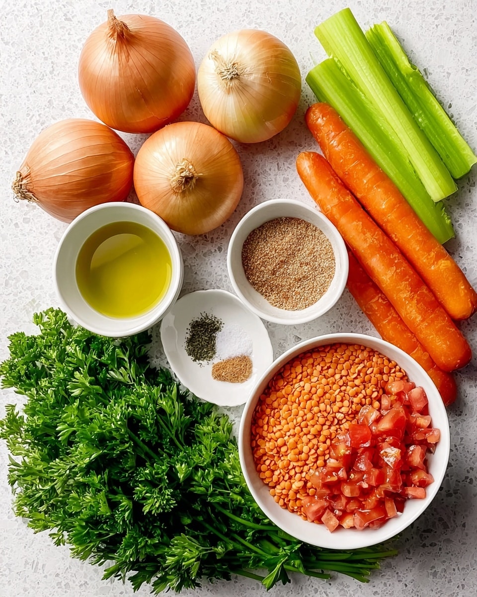 The image shows a white marbled surface with fresh cooking ingredients arranged neatly. At the top left, there are three whole light brown onions with smooth skins. To the right of the onions, four orange carrots lay side by side with a bunch of bright green celery stalks next to them on the far right. Below the onions, a small white bowl filled with golden yellow olive oil sits next to two smaller white bowls, one containing ground spices in soft brown and the other black and white pepper. Centered below is a medium white bowl packed full of small orange lentils. On the bottom right, a medium white bowl holds finely chopped red tomatoes mixed with bits of onion. At the very bottom left, a large bunch of fresh bright green parsley with textured leaves is spread out. All ingredients show clear textures and colors, with natural light highlighting their freshness photo taken with an iphone --ar 4:5 --v 7