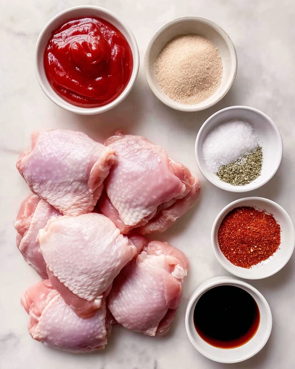 The image shows five raw pink chicken thighs placed close together on the right side of a white marbled surface. On the left side, there are five small white bowls arranged vertically with ingredients: at the top is bright red ketchup with a smooth, shiny texture, below it light beige granulated garlic powder, followed by a bowl with two spices—reddish paprika on the right and green dried herbs on the left, beneath that a bowl of white salt, and at the bottom is dark brown soy sauce with a glossy surface. Everything is neatly arranged and the lighting is soft and natural, creating a clean and fresh look photo taken with an iphone --ar 4:5 --v 7