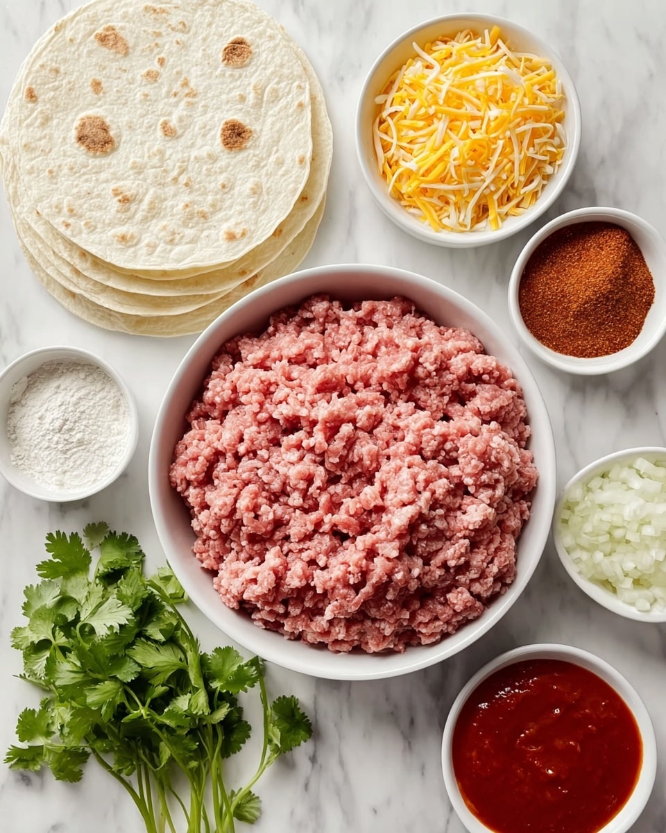 In the image, there is a large white bowl in the center filled with raw ground meat that looks pink and textured with small ridges. Around it, there are smaller white bowls each holding different ingredients: one with bright yellow and white shredded cheese, one with finely chopped white onions, one with red sauce that is smooth and thick, one with a reddish-brown spice powder, and one with white flour that is soft and powdery. To the top left, there is a neat stack of white tortillas with light brown spots, all placed on a white marbled surface. Below the bowls, there are fresh green cilantro leaves adding a touch of color. photo taken with an iphone --ar 4:5 --v 7