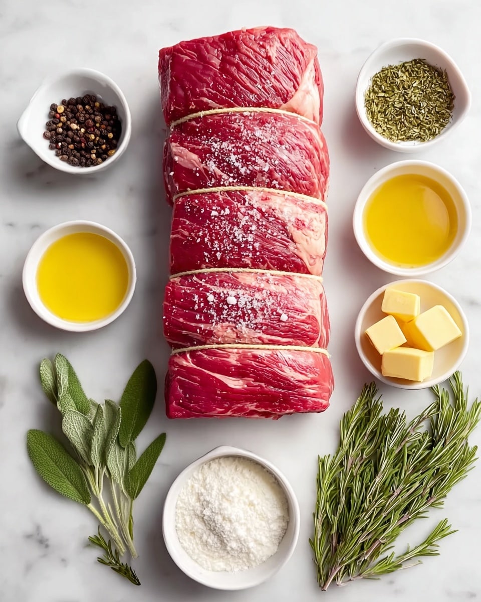A raw piece of red meat with white fat marbling is placed in the middle on a white marbled surface. The meat is tied with string in five evenly spaced horizontal sections, and some coarse salt is sprinkled on top. Around the meat, six small white bowls hold different ingredients: whole black peppercorns in the top left, yellow olive oil below that, green dried herbs to the right, white flour below that, and cubes of yellow butter at the bottom right. Fresh green herbs, including sage, thyme, and rosemary, lie to the bottom left next to the bowls. The setting is bright and clean. photo taken with an iphone --ar 4:5 --v 7