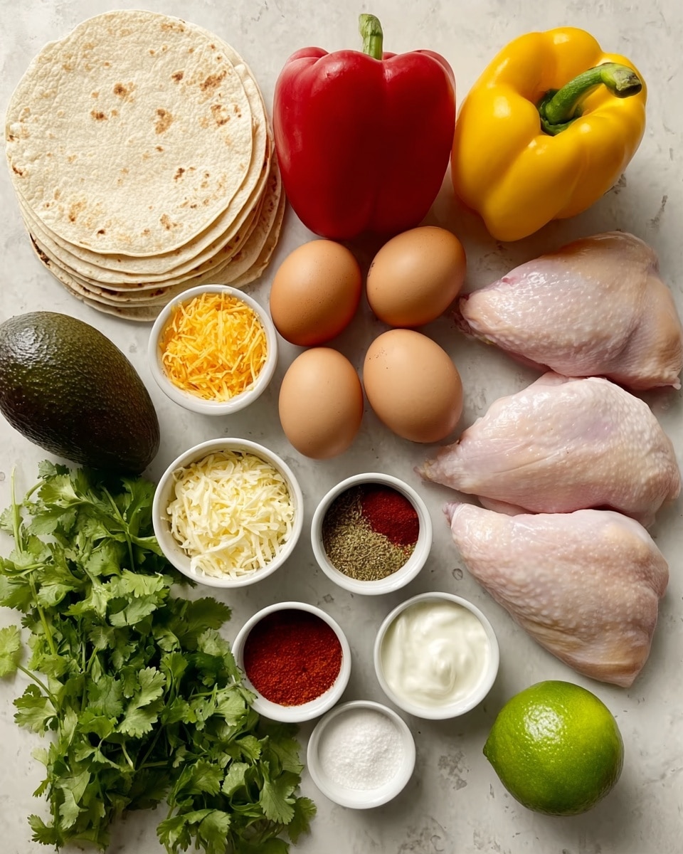 This image shows fresh cooking ingredients arranged neatly on a white marbled surface. There are two raw light pink chicken pieces on the right side, with a stack of round light brown tortillas slightly above them. Four brown eggs are placed near the center, surrounded by colorful vegetables including one red bell pepper and two bright yellow bell peppers near the top. Below the eggs, there is a shiny dark green avocado and a bunch of fresh green cilantro. Several small white bowls hold different items: shredded pale yellow cheese, mixed herbs in golden oil, red and brown spices, white salt, and creamy white sour cream. A halved bright green lime is positioned at the bottom right. The photo taken with an iphone --ar 4:5 --v 7