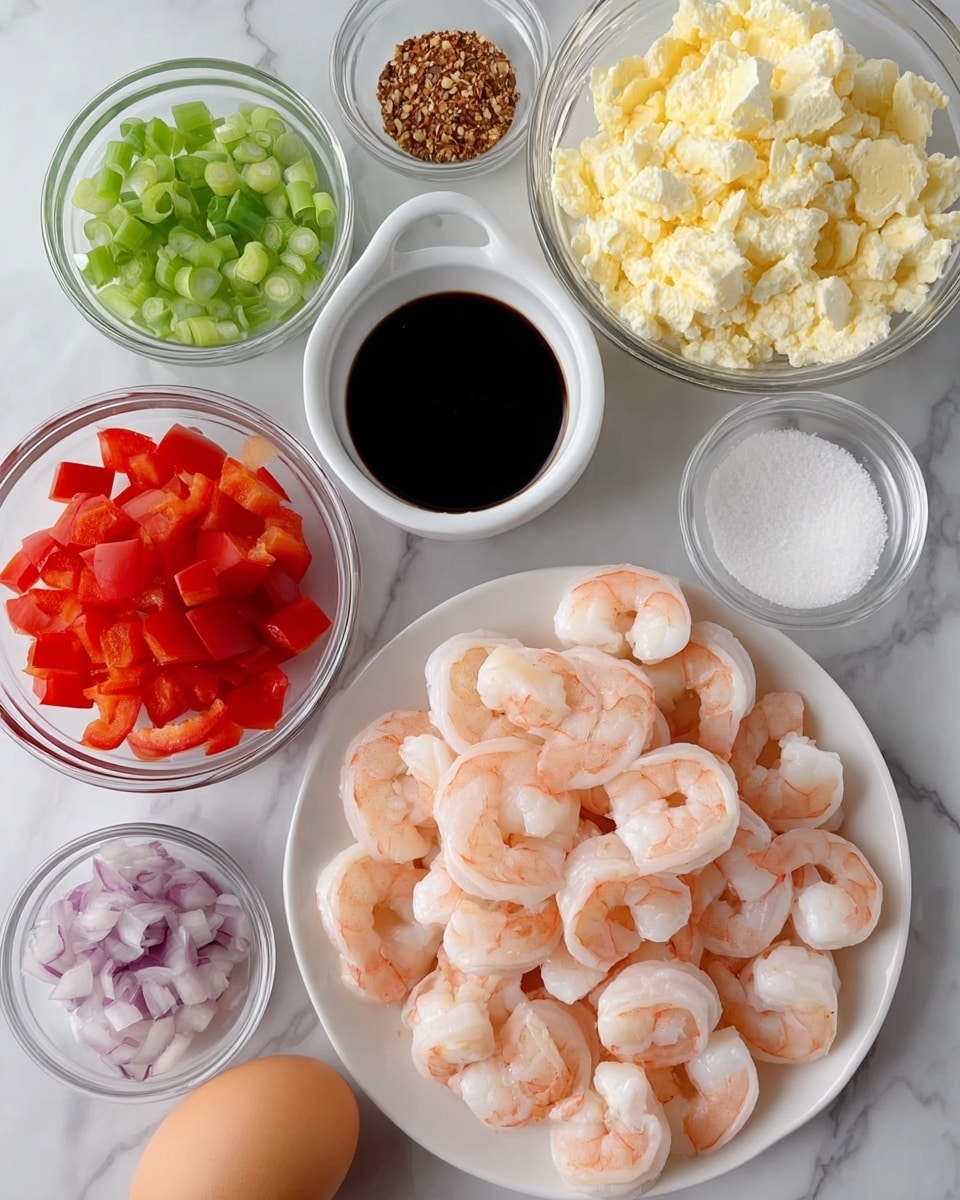 A white plate is filled with a neat pile of cooked shrimp showing their pink and white colors; around the plate are small clear glass bowls holding diced red bell peppers, chopped green onions, and chopped red onions. There is a small white bowl with a dark soy sauce-like liquid, a small white bowl with a mix of crushed nuts and spices, and a small white bowl with white sugar. A larger clear glass bowl contains a heap of light yellow cottage cheese, and two brown eggs rest on the white marbled surface nearby. All ingredients are arranged neatly on a white marbled background. photo taken with an iphone --ar 4:5 --v 7