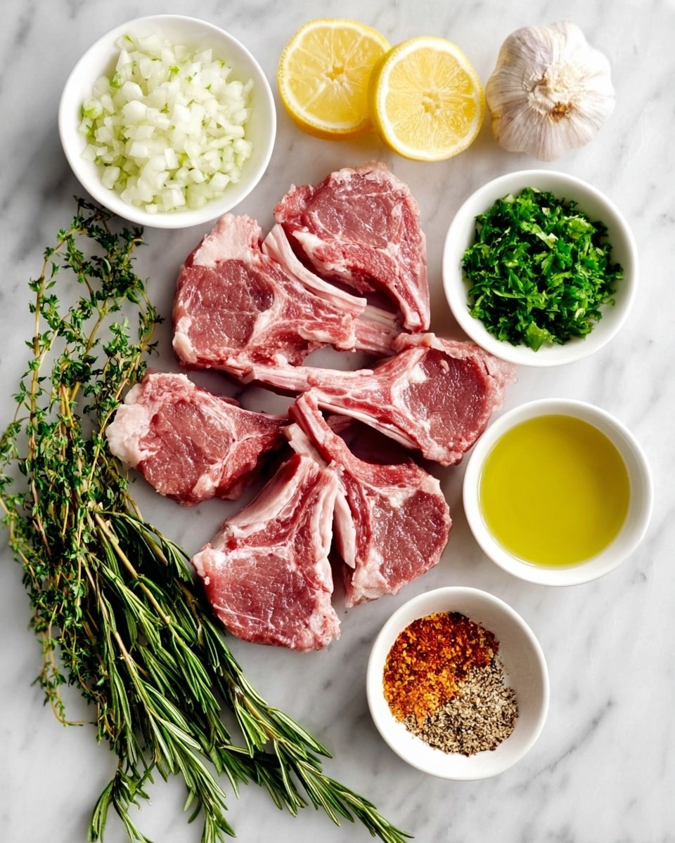 The image shows six raw lamb chops arranged in a circular pattern on a white marbled surface, with the pinkish-red meat and white fat clearly visible. Around the lamb chops, there are three small white bowls: one filled with finely chopped white onions, one with bright green chopped parsley, and one with golden olive oil. Fresh green sprigs of rosemary and thyme lie beside the lamb chops. Two lemon halves with a pale yellow interior are placed near the bottom right. A small white bowl containing a mix of spices including black pepper and red chili powder is positioned near the lemons. A whole garlic bulb sits near the top right corner. The photo taken with an iphone --ar 4:5 --v 7