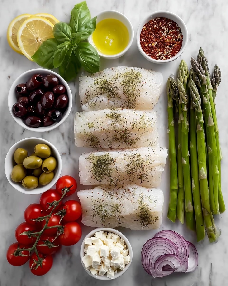 The image shows four pieces of raw white fish fillets seasoned with mixed dried herbs and spices, arranged in the center on a white marbled surface. To the right of the fish are a bundle of fresh green asparagus standing upright and a cluster of red cherry tomatoes on the vine. On the left side of the fish, there is a small bunch of fresh green basil leaves, and above that are two lemon halves. Surrounding the fish in small white bowls are thinly sliced purple onion rings, a mix of black and green olives, crumbled white cheese, yellow olive oil, coarse salt, and a mix of whole peppercorns. A pile of dried green herbs is placed just above the fish. photo taken with an iphone --ar 4:5 --v 7