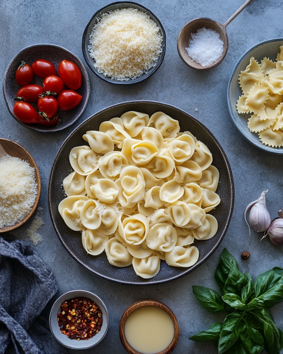 A round silver pan filled with creamy orange soup that has a frothy texture and specks of red oil. Floating in the soup are folded pasta dumplings that are pale yellow and soft. The top is sprinkled with small green parsley leaves, black pepper flakes, and grated white cheese, giving it a slightly rough and mixed texture. The pan is placed on a beige cloth on a white marbled surface. photo taken with an iphone --ar 4:5 --v 7
