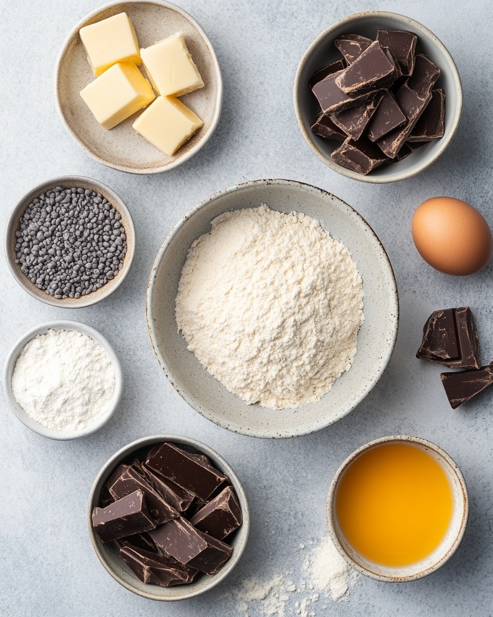 A white rectangular plate holds six golden brown pastries, each with multiple flaky layers stacked, showing a soft, shiny, and dark chocolate filling inside. The pastries have a dusting of white powdered sugar on top, adding a light contrast to their warm color. The plate sits on a white marbled texture, scattered with small broken pieces of dark chocolate around it. The background is blurred but shows a rolling pin and a beige cloth. photo taken with an iphone --ar 4:5 --v 7