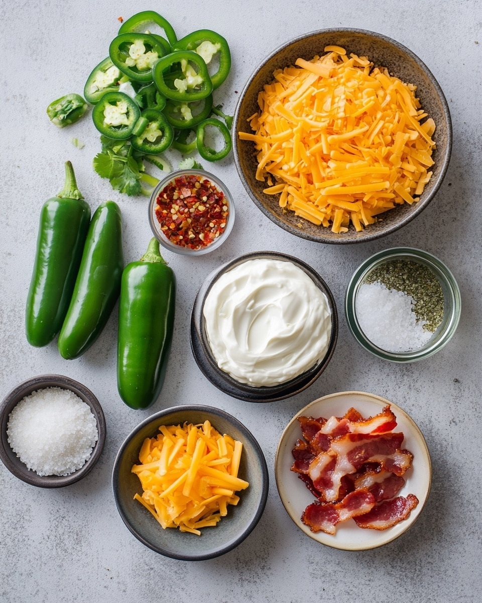 The image shows a close-up of several jalapeño halves filled with a creamy white cheese mixture, topped with a layer of melted orange and white cheese that is slightly browned in spots. Small pieces of crispy bacon are scattered on top of the cheese, adding texture and deeper color. The jalapeño skins are a vibrant green, some with stems still attached, providing contrast to the warm cheese topping. The stuffed jalapeños sit close together in a black air fryer basket, and a few chopped green onions are sprinkled over the dish for a fresh touch. The background is a white marbled texture photo taken with an iphone --ar 4:5 --v 7