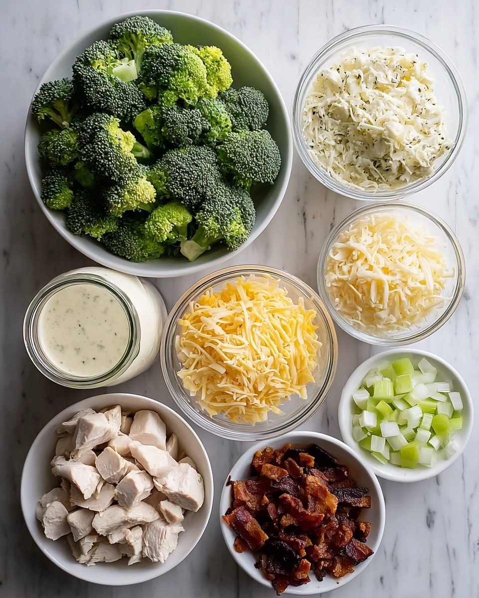 A white bowl full of fresh green broccoli florets is placed on the top left, next to three clear bowls with different shredded cheeses in white, yellow, and light cream colors arranged in the top middle and right. Below them, a glass jar contains creamy white sauce with herbs. At the bottom left, a white bowl holds chunks of cooked white chicken meat. In the center bottom, a small white plate contains crispy dark brown bacon pieces, and on the bottom right, a small white bowl has diced light green and white onions. All items are set on a white marbled surface. Photo taken with an iphone --ar 4:5 --v 7