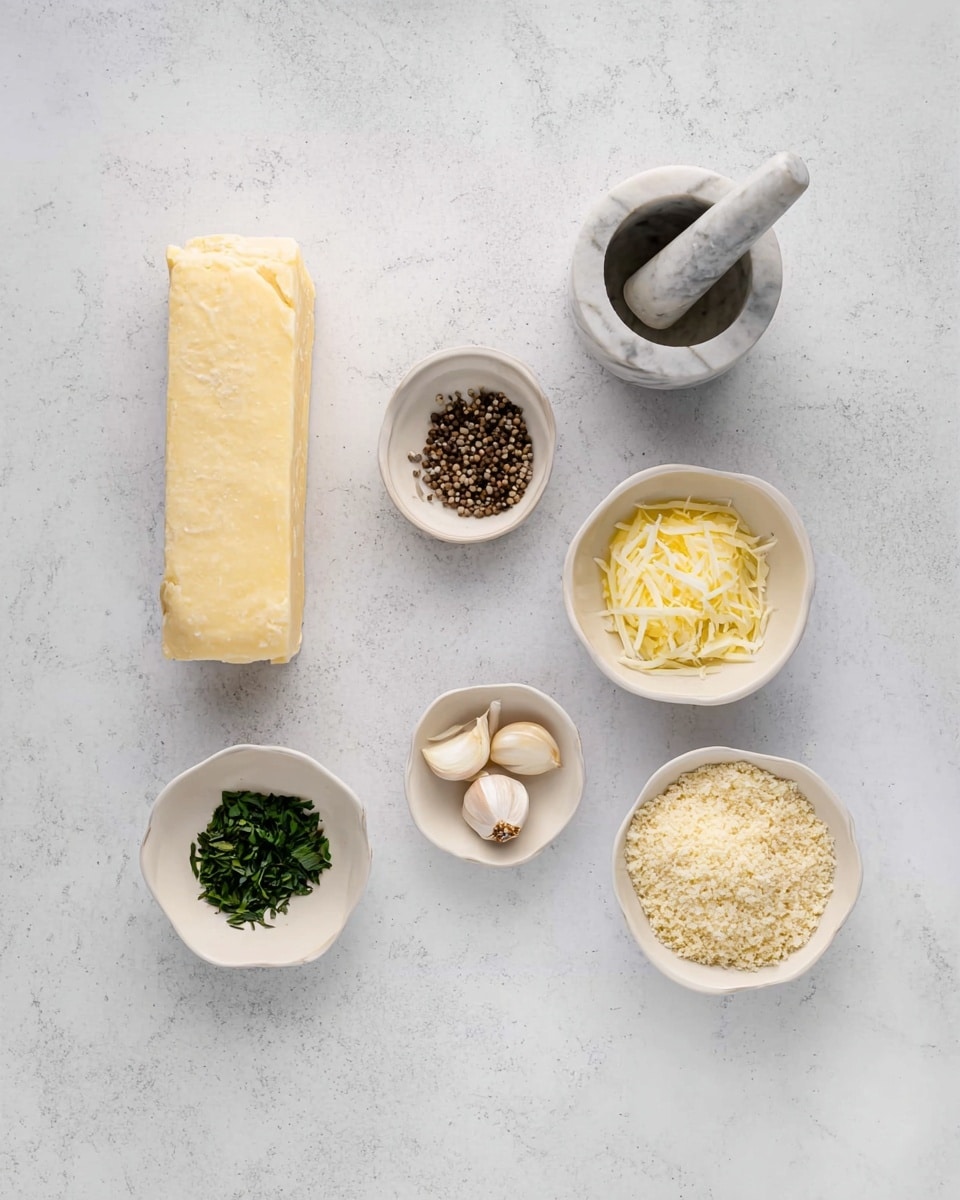 The image shows several small white bowls and containers arranged on a white marbled surface, each holding different ingredients. On the far left, there is a rectangular block of light yellow dough. Next to it is a small marble mortar with a pestle inside, containing whole peppercorns. To the right are four small white bowls: one filled with melted yellow butter, another with finely chopped green herbs, a third with grated pale yellow cheese, and the fourth holding three garlic cloves. Additionally, there is a bowl with fine beige breadcrumbs. The items are neatly spaced with a clear view of each ingredient. Photo taken with an iphone --ar 4:5 --v 7