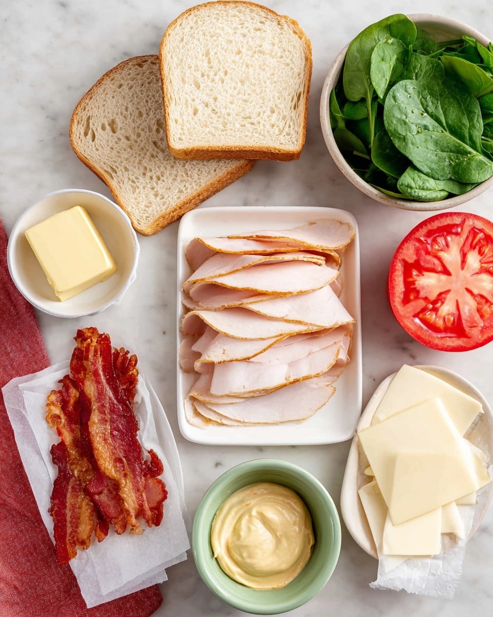 The image shows a close-up of a grilled sandwich that is cut into triangles, stacked on a wooden board atop a sheet of white paper. The sandwich has three main layers inside: a bottom layer of white, thickly sliced toasted bread with a golden crust, a middle layer of sliced white meat with a hint of pink and orange, crispy brown bacon pieces, fresh dark green spinach leaves, and small red tomato slices, all held together by a top slice of the same toasted bread. The toasted bread looks crunchy with a light golden-brown color and some darker spots. The background has a bright white marbled texture. photo taken with an iphone --ar 4:5 --v 7
