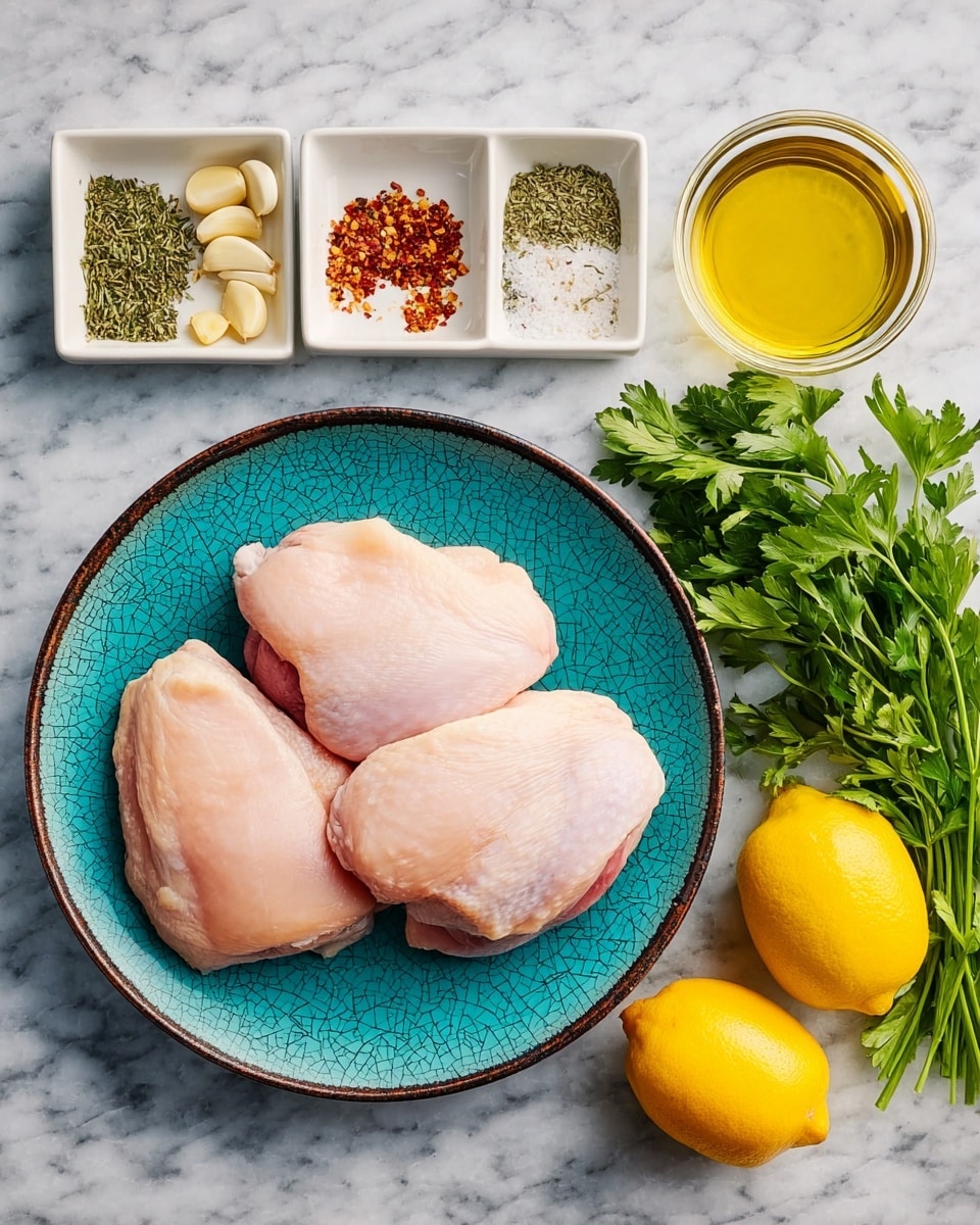 The image shows three raw chicken pieces placed on a cracked turquoise plate with a dark brown rim, set on a white marbled surface. To the left, five small square white bowls hold garlic cloves, crushed red pepper flakes, olive oil, dried herbs, and a mix of salt and pepper. In front of the bowls, two bright yellow lemons and a bunch of fresh green parsley add vibrant color. The overall scene is bright and neatly arranged, showing the ingredients for a fresh, simple meal. photo taken with an iphone --ar 4:5 --v 7