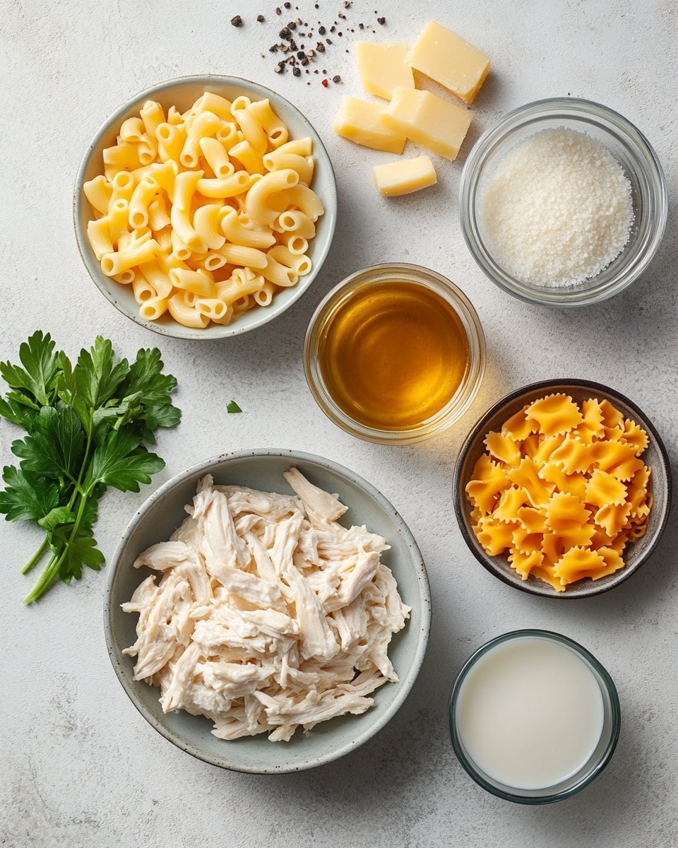 The image shows a close-up of a baked pasta dish in a white bowl on a white marbled surface. The dish has one main layer of pasta shaped like short tubes, covered with melted, golden brown cheese that is bubbly and slightly crisp in spots. There are pieces of browned chicken mixed evenly on top, with some slightly charred edges. Small green herb bits are sprinkled over the surface, adding a fresh touch to the warm, creamy textures. The lighting highlights the shiny, smooth cheese and browned spots on the chicken, making it look hot and ready to eat photo taken with an iphone --ar 4:5 --v 7