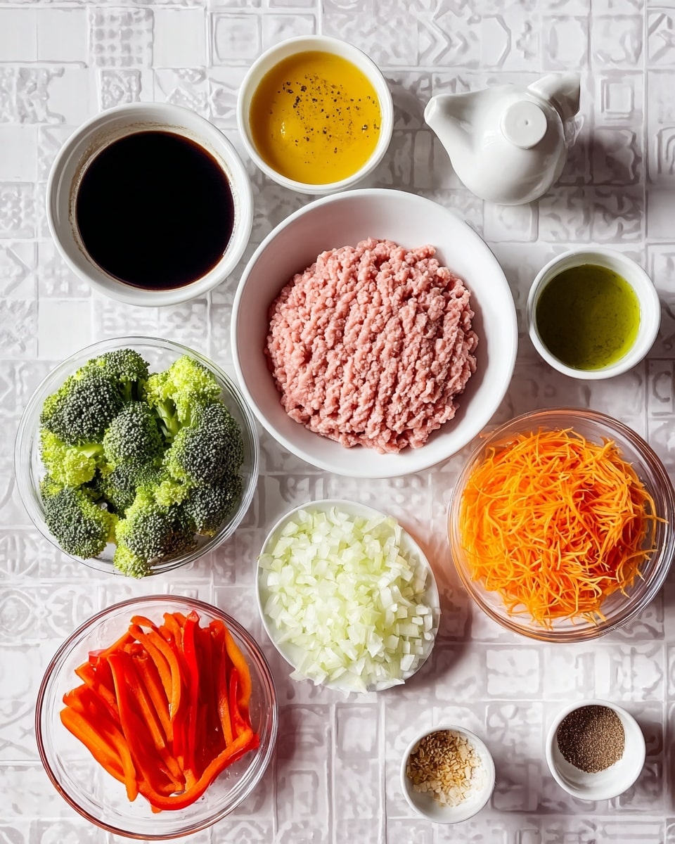 A top view of many small white bowls and glass bowls with raw ingredients neatly placed on a white marbled surface with faint patterned tiles. In the center right, a white bowl holds pale pink ground meat with visible lines. To the right, a clear bowl is filled with bright orange shredded carrots. Below that, another clear bowl is full of fresh green broccoli florets. Below left, a clear bowl has bright red-orange sliced bell pepper strips. Above the meat bowl and to the left, a clear bowl contains finely chopped white onion. To the top left, a ceramic white bowl contains a mustard-yellow dressing with black specks. Next to it, a white bowl holds a dark, almost black soy sauce. A small white cup above holds bright green oil or liquid. Several small white cups are scattered with light brown spices, light crushed garlic, light brown liquid, crushed yellow garlic, and white powder. The image is bright and clean, showing each ingredient clearly. photo taken with an iphone --ar 4:5 --v 7