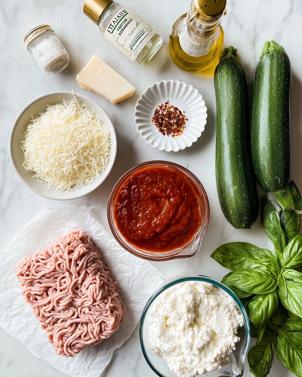 The image shows a flat lay of cooking ingredients on a white marbled surface. From left to right, there is a white bowl with grated white cheese and a wedge of a harder cheese on top, a clear glass bottle tilted slightly with a gold lid labeled “ITALIAN SEASONING,” a small white scalloped dish holding red chili flakes, and a bottle of golden olive oil near some peeled garlic cloves. Below these are three whole green zucchinis placed side by side, and a bunch of fresh green basil leaves at the bottom right corner. At the bottom center, there is a clear glass measuring cup filled with red tomato sauce with a thick texture, and a metal measuring cup filled with white ricotta cheese. In the bottom left corner, next to the bowl, is a block of pale pink ground meat resting on white parchment paper. A small white container of salt is placed near the zucchinis. The overall arrangement is neat and bright. Photo taken with an iphone --ar 4:5 --v 7