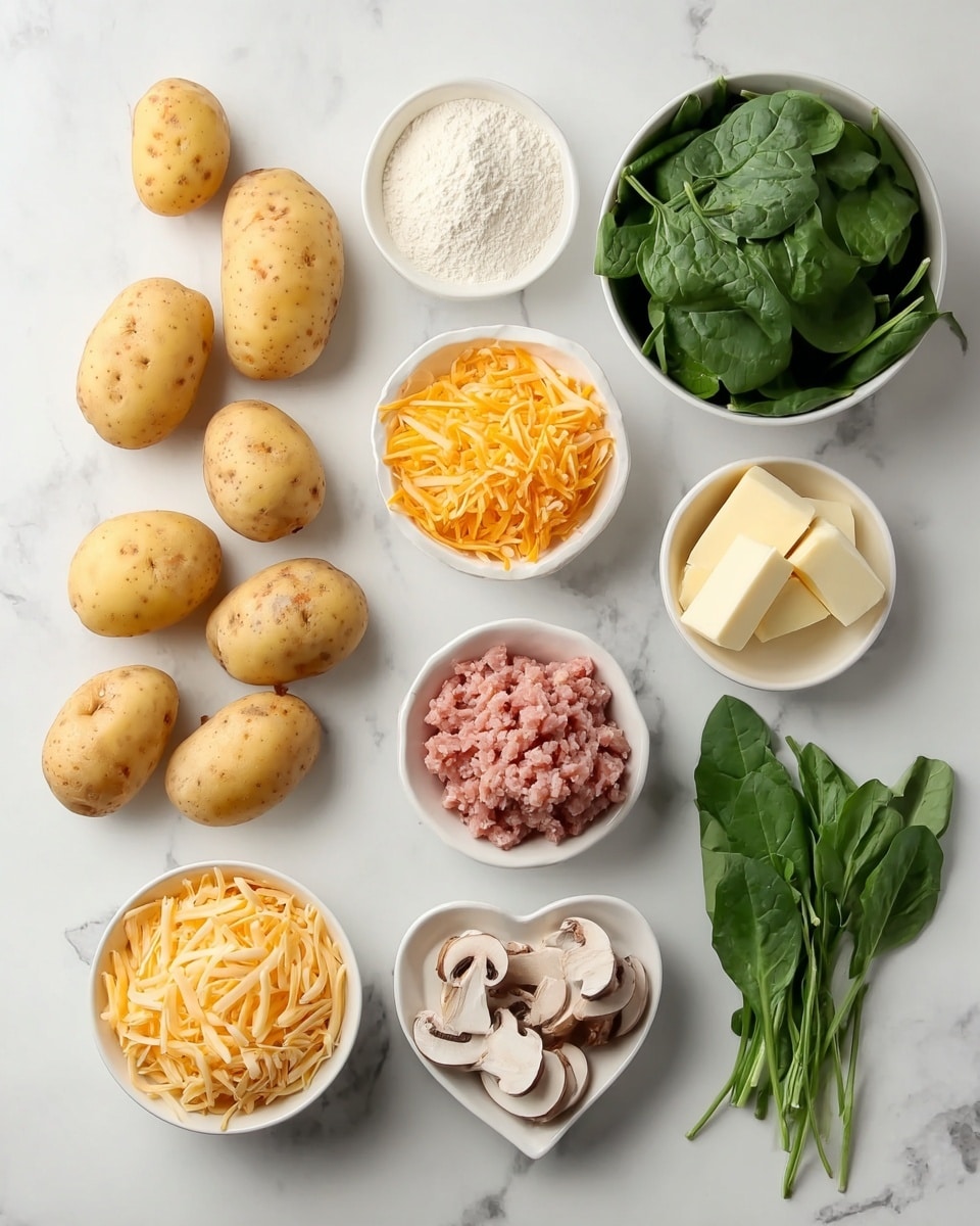 The image shows several ingredients neatly arranged on a white marbled surface. On the left, there are eight whole, unpeeled potatoes with a light yellow color and some brown spots. Next to them, in small white bowls, are shredded cheese in an orange color, shredded pale yellow cheese, and some shredded white meat in a small heart-shaped white bowl. There is also a portion of flour in a white bowl, a bowl with light pink ground meat, a small white bowl with sliced butter, and two small white bowls with three halved mushrooms and a green leafy herb. On the top right, there is a white bowl filled with fresh dark green spinach leaves, and next to it are whole green herbs with long leaves. The ingredients are evenly spaced and laid out clearly. Photo taken with an iphone --ar 4:5 --v 7