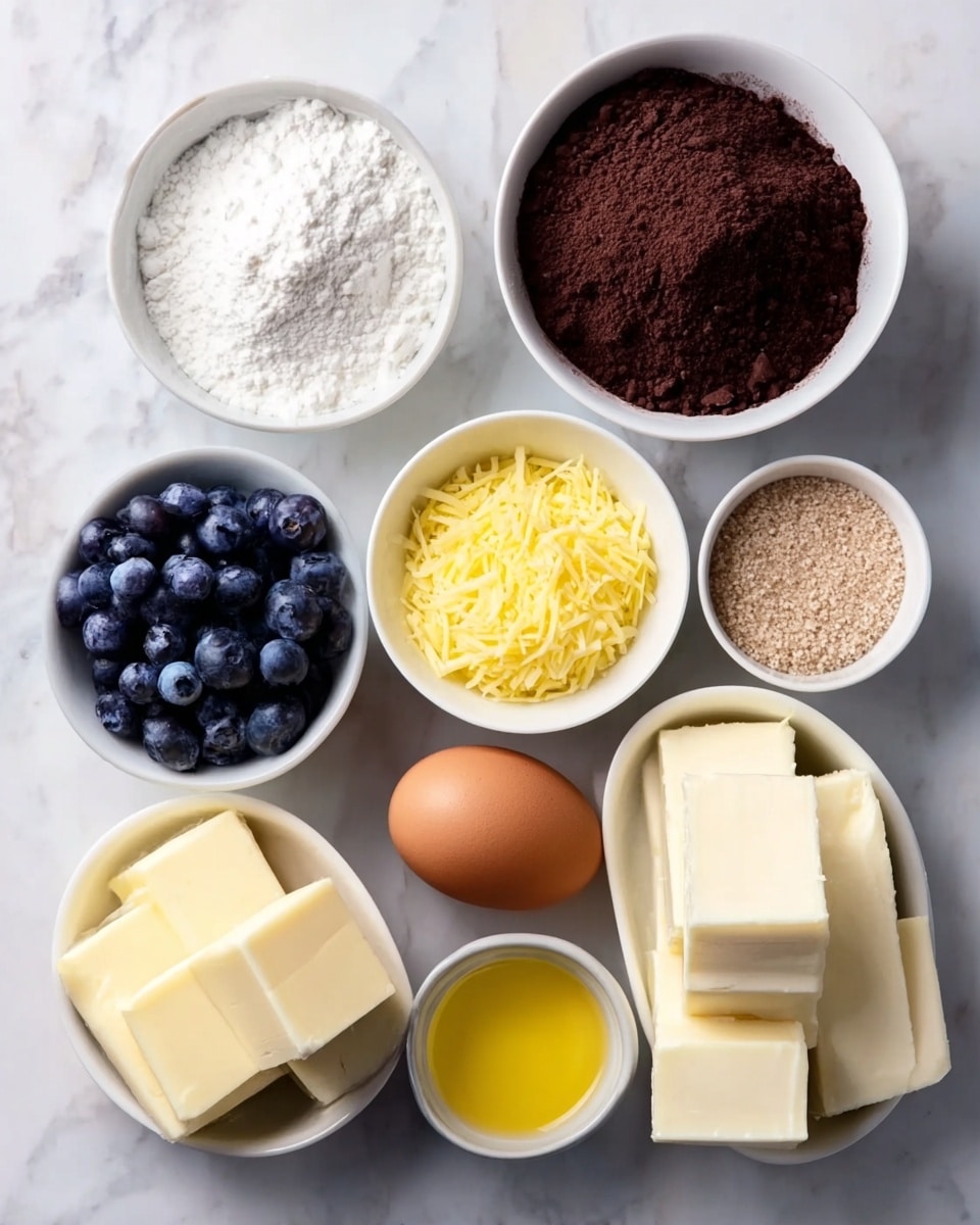 The image shows a collection of baking ingredients placed on a white marbled surface, each in separate white bowls except for one brown egg directly on the surface. There are nine main items: a bowl of fine white powder resembling powdered sugar; a bowl filled with dark brown cocoa powder; a small bowl of fresh blueberries with a shiny smooth texture; a bowl of light yellow shredded cheese or zest; a bowl of fine white granulated sugar; a bowl with two blocks of a smooth, pale cream-colored substance; a bowl filled with soft white cream cheese cut into blocks; a bowl containing a clear yellow liquid; and a small bowl with light brown granules, possibly a seasoning. All these items are arranged closely but neatly in a flat layout. photo taken with an iphone --ar 4:5 --v 7