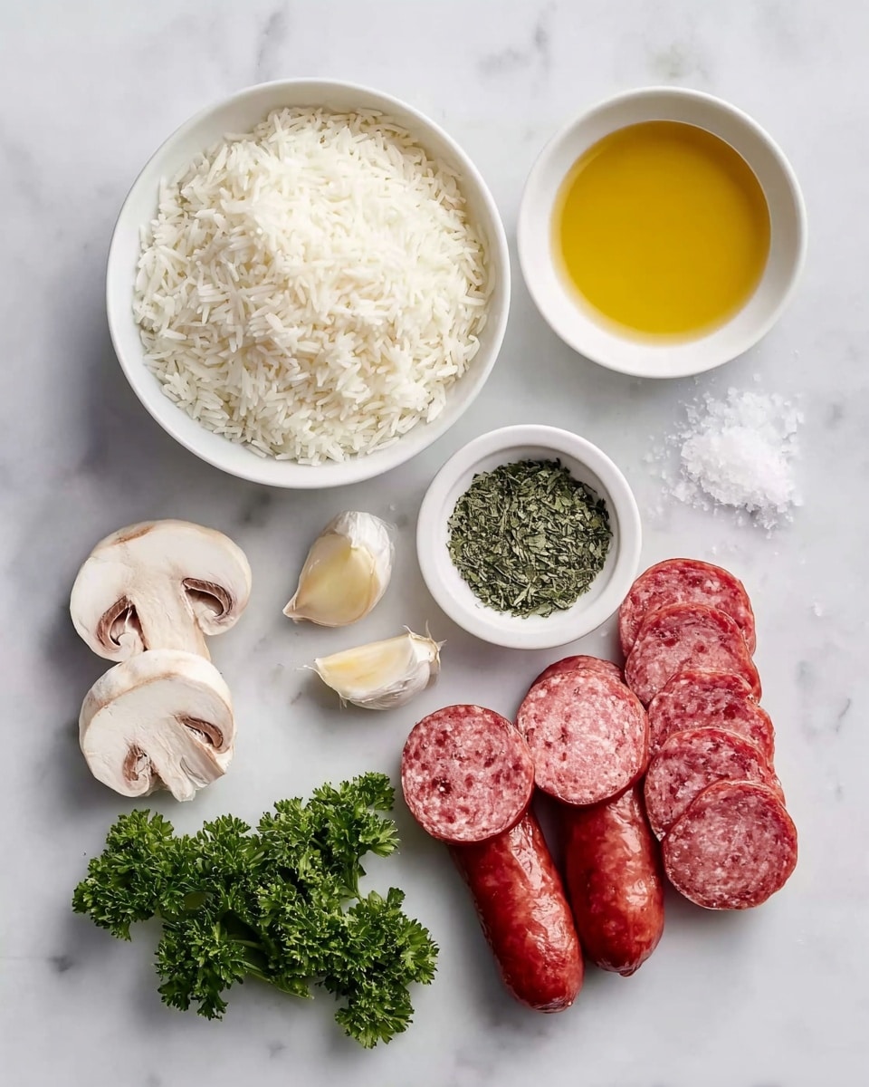 The image shows several fresh ingredients arranged neatly on a white marbled surface. On the top left, there is a white bowl filled with fluffy white cooked rice. To the right of the rice, a small white bowl contains a golden yellow liquid, likely oil. Below it, another small white bowl holds dried green herbs. Around these bowls, there are whole garlic cloves scattered beside a small pile of coarse salt. On the left side of the image, there are three sliced white mushrooms with smooth caps and stems visible. Near the mushrooms, a small bunch of fresh curly green parsley rests on the surface. On the right side of the image, there are five plump, red sausages, with two of them sliced into rounds, revealing a marbled texture of meat and fat. photo taken with an iphone --ar 4:5 --v 7
