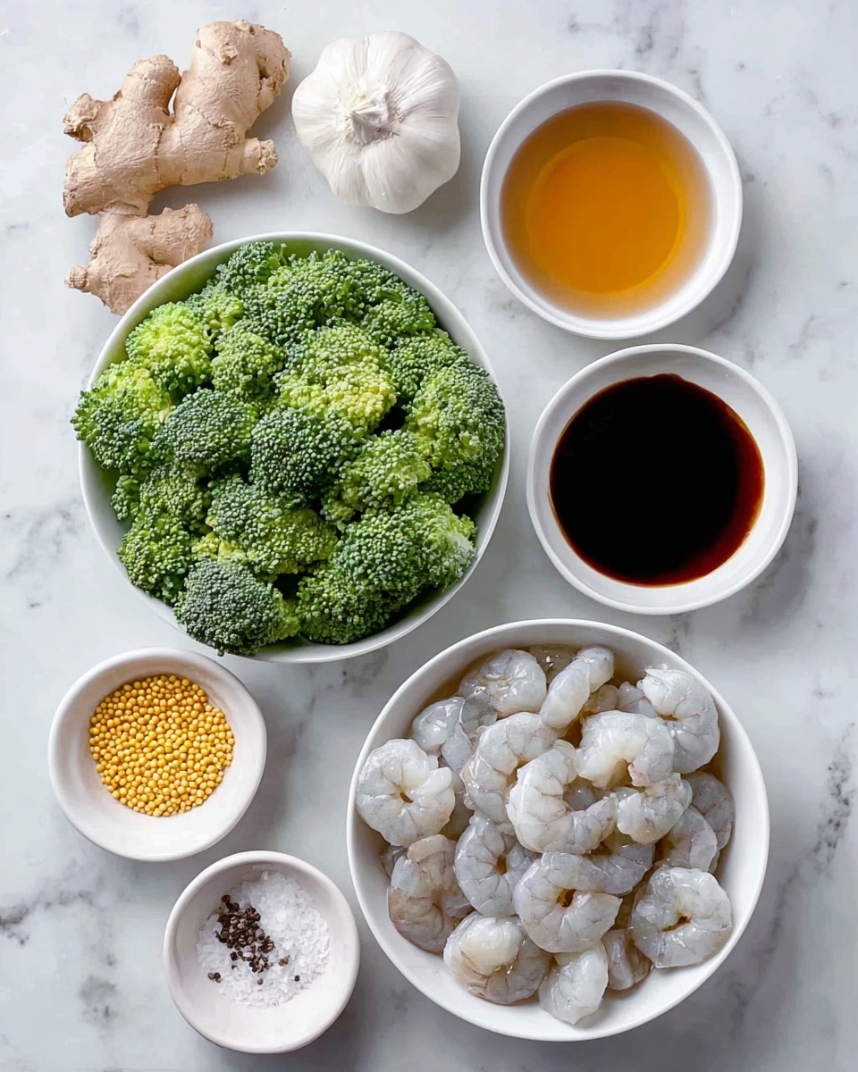 The image shows ingredients laid out on a white marbled surface. There is a white bowl filled with raw shrimp with a light grayish-white color and a slightly translucent texture, positioned at the bottom right. Above it, to the left, is a white bowl full of green broccoli florets with a dense and bumpy texture. To the top left of the broccoli, there are two pieces of light brown ginger and a whole white garlic bulb. To the top right of the broccoli are two small white bowls, one containing a light amber-colored liquid and the other a dark brown liquid. At the bottom left, there are two small white bowls, one filled with small, golden-yellow spheres, and the other with white salt mixed with black pepper spots. Photo taken with an iphone --ar 4:5 --v 7