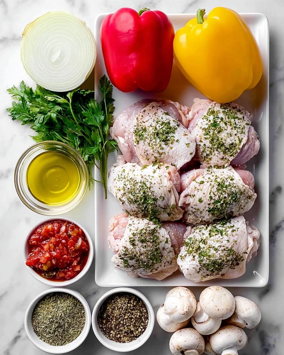 A white square plate on a white marbled surface holds six raw chicken thighs with a sprinkling of green herbs on top, arranged on the right side of the plate. To their left, there is a whole red bell pepper above two yellow bell peppers. At the top left corner is a thick slice of white onion. Below the onion, there is a small clear bowl filled with golden olive oil. Near the bottom right, two types of mushrooms, white button and brown cremini, are placed in small clusters. Three small white bowls are arranged in the bottom center area, containing chunky red tomato salsa, a mix of dried green herbs, and a green peppercorn mix. Fresh green parsley is placed in the bottom left corner. The scene is brightly lit and neatly organized, photo taken with an iphone --ar 4:5 --v 7