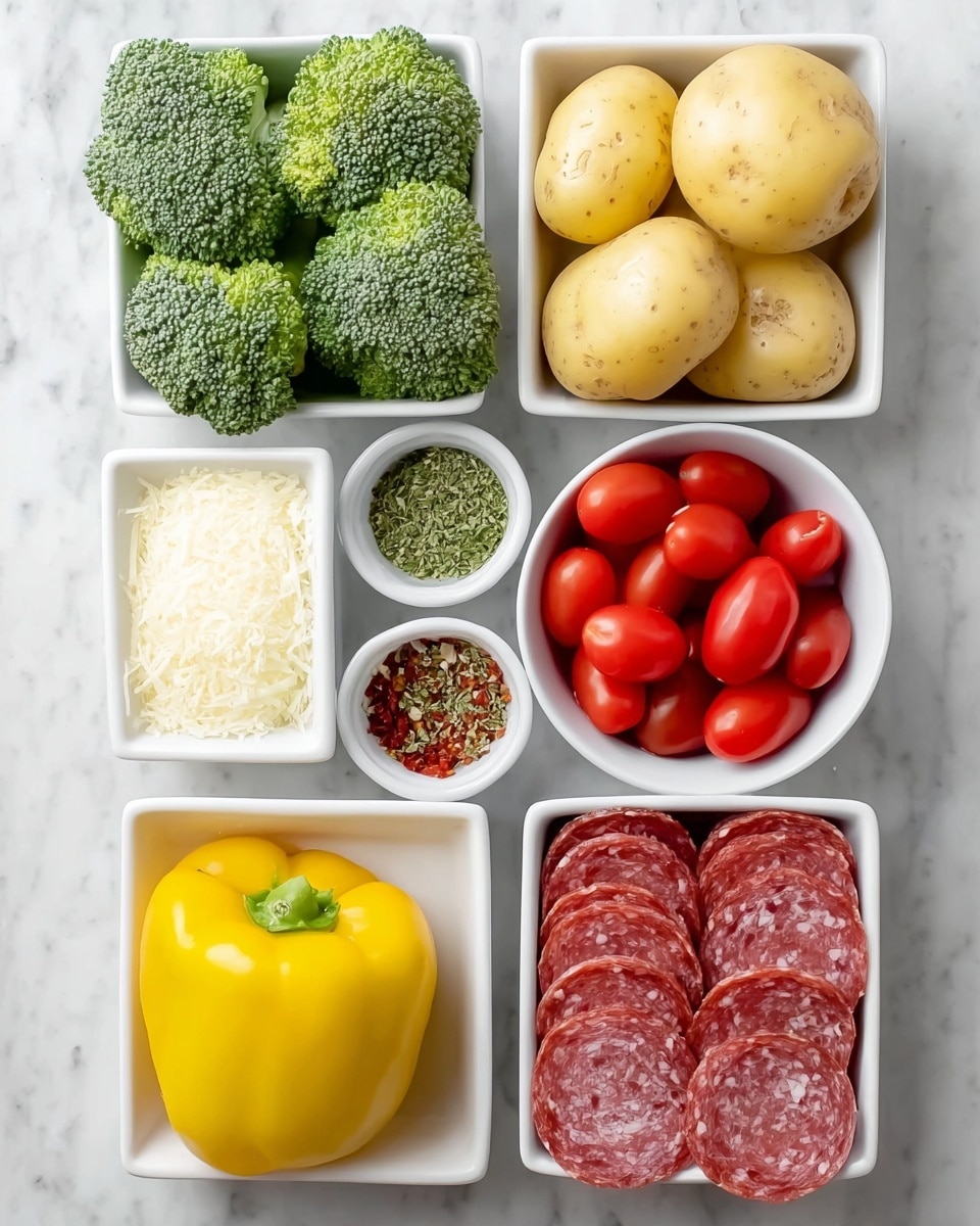 The image shows six white square and round bowls arranged on a white marbled surface, each holding a different ingredient. The top left bowl is filled with large, tight green broccoli florets. To the right, a bowl holds six whole yellow potatoes with smooth skin. Below the broccoli, a round bowl contains bright red cherry tomatoes. Next to it, a small round bowl is filled with a green and red mixed dried seasoning. Beside that, another small round bowl holds finely grated white cheese. At the bottom left, a square bowl has a whole yellow bell pepper. Finally, at the bottom right, a square bowl is neatly stacked with round slices of reddish salami showing white fat spots. photo taken with an iphone --ar 4:5 --v 7