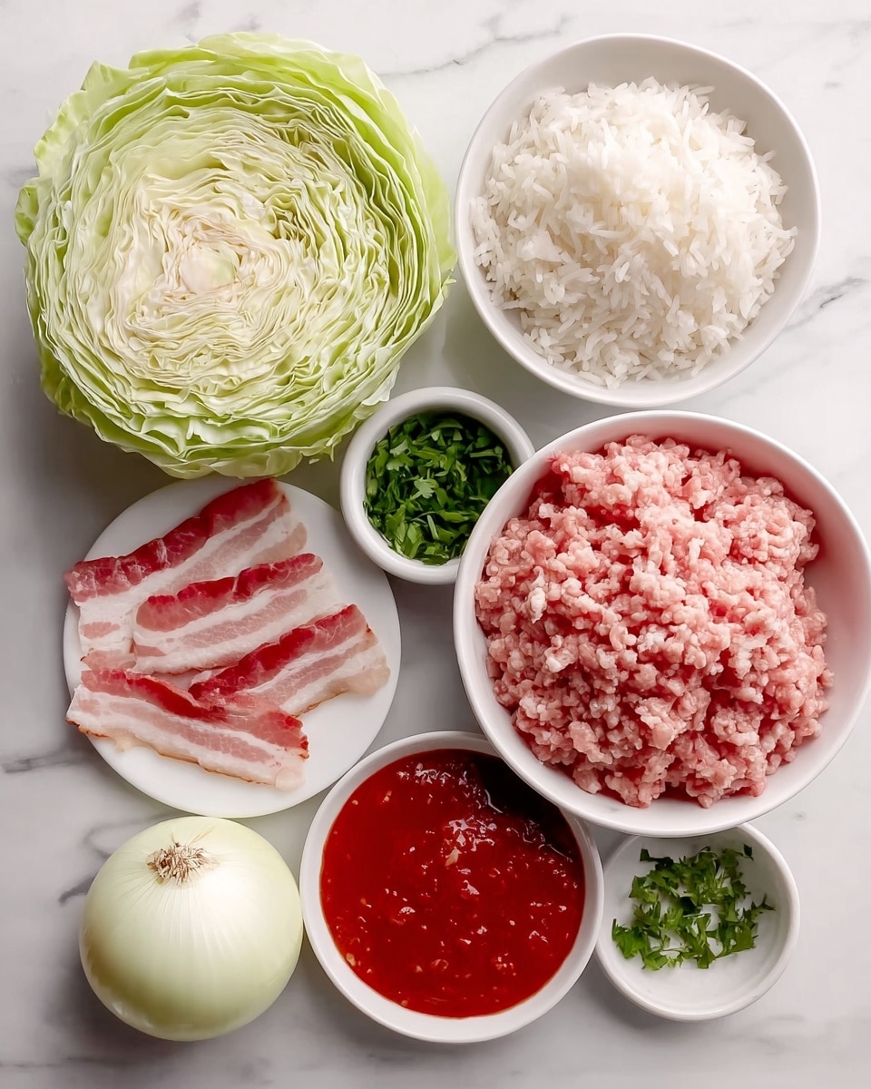 The image shows raw ingredients arranged neatly on a white marbled surface. There is a large white bowl filled with light pink ground meat at the center. To its top-right, a small white bowl holds cooked white rice with a soft texture. Next to the rice, another small white bowl contains bright red tomato sauce with a slightly chunky texture. Below the sauce bowl is a small white bowl filled with fresh green chopped herbs. On the left side, a white plate has three strips of uncooked bacon with pink and white layers of fat. At the top left, a half head of light green cabbage with layered, curly leaves is placed. Below all this is a whole white onion with smooth skin and a small root attached. photo taken with an iphone --ar 4:5 --v 7