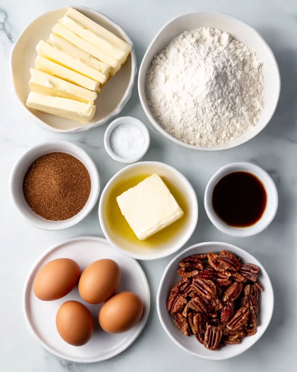 The image shows seven white bowls and a plate arranged on a white marbled surface. In the top left bowl, there are several thick slices of pale yellow butter. To its right, a larger bowl is filled with fine white flour. Below the flour, a small bowl contains a white granular substance, likely salt. Adjacent to the salt, there's a bowl with a light yellow melted butter or oil along with a solid piece of pale yellow butter. Below these, a bowl is filled with dark brown syrup or molasses. To the left of the syrup, a bowl holds a mound of fine brown sugar. At the bottom left, a white plate carries four light brown eggs. Finally, at the bottom right, another bowl is filled with whole pecans that have a rich brown color and textured surface. The arrangement is clean and well-lit. Photo taken with an iphone --ar 4:5 --v 7