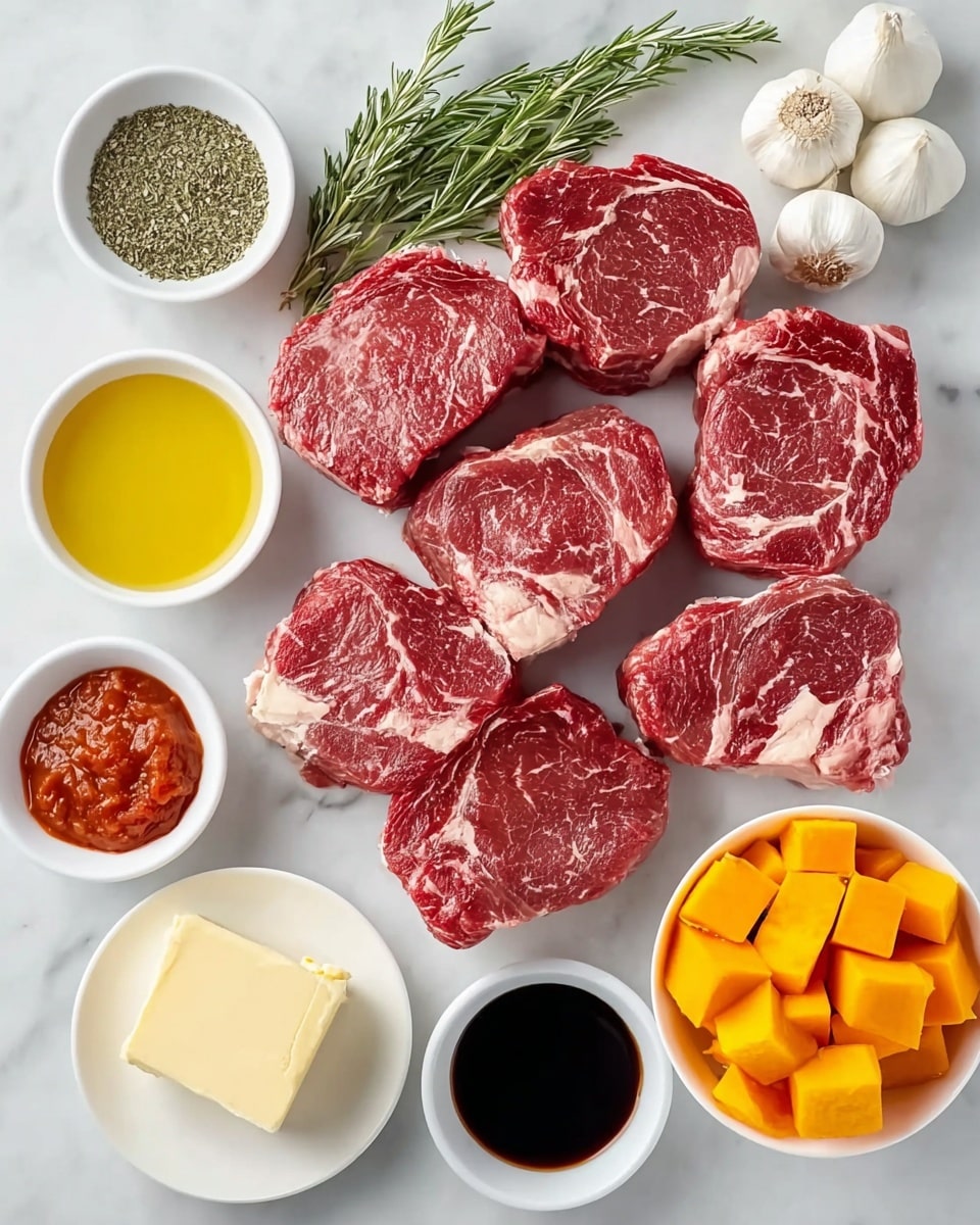 The image shows six pieces of raw red meat with white fat marbling in the center, arranged in two rows on a white marbled surface. Around the meat are eight small white bowls and a small white plate. Starting from the top left and going clockwise, there is a bowl with dried green herbs, a bowl with yellow olive oil, a bowl with dark brown liquid, a white plate with a cube of light yellow butter, a bowl with dark soy sauce, a bowl filled with white salt, a bowl with cubed bright orange butternut squash, and a bowl with thick red tomato paste. Behind the ingredients, there is a sprig of fresh green rosemary and a cluster of white garlic bulbs. The photo is bright and clear, taken with an iphone --ar 4:5 --v 7