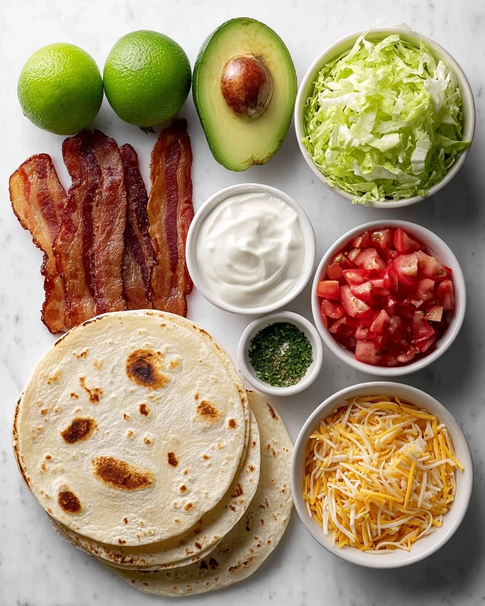 The image shows a white marbled surface with neatly arranged taco ingredients. At the bottom left, there are four soft, round flour tortillas stacked with light brown spots. Just above the tortillas, there are five crispy strips of brown cooked bacon. To the top left, two whole bright green limes are placed side by side. A halved avocado with green flesh and a large brown pit is next to the bacon and limes. On the right side, starting from the top, a white bowl filled with finely shredded light green lettuce sits above a bowl of smooth white sour cream. Below the sour cream is a small white bowl of dried green herbs. Next to the herbs, there is a white bowl full of chopped red tomatoes with some green flecks. At the bottom right, a white bowl is filled with a mix of shredded yellow and white cheese. The photo taken with an iphone --ar 4:5 --v 7