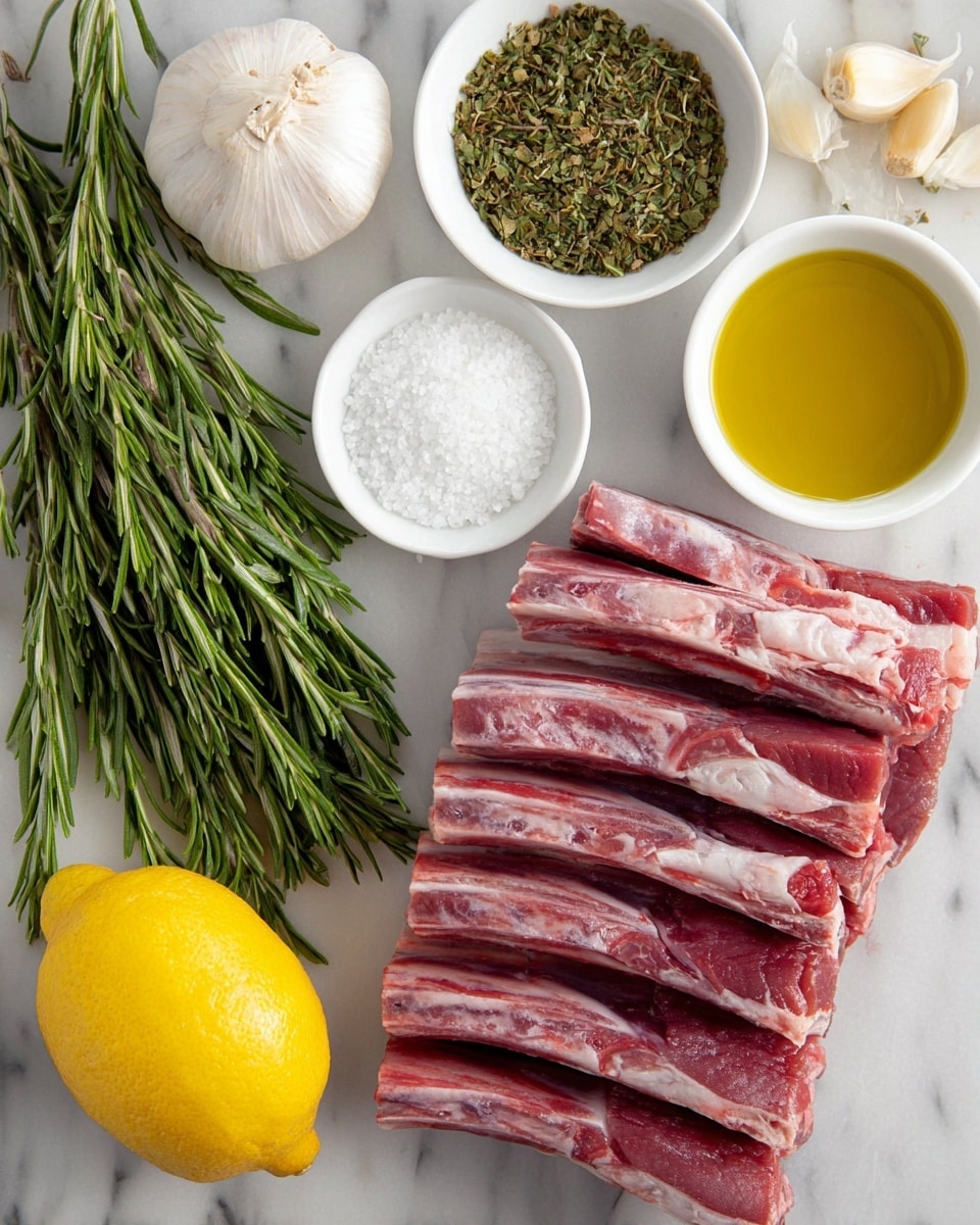 The image shows a set of raw lamb ribs with a deep red color and white fat, arranged in a neat row in the lower right. To the left of the ribs are fresh green rosemary sprigs with needle-like leaves. Above the ribs are three small white bowls: one filled with coarse white salt, one with dried green herbs, and one with golden yellow olive oil. At the top left corner, there is a bright yellow lemon and a whole head of white garlic with a few peeled garlic cloves beside it, all placed on a white marbled surface. photo taken with an iphone --ar 4:5 --v 7