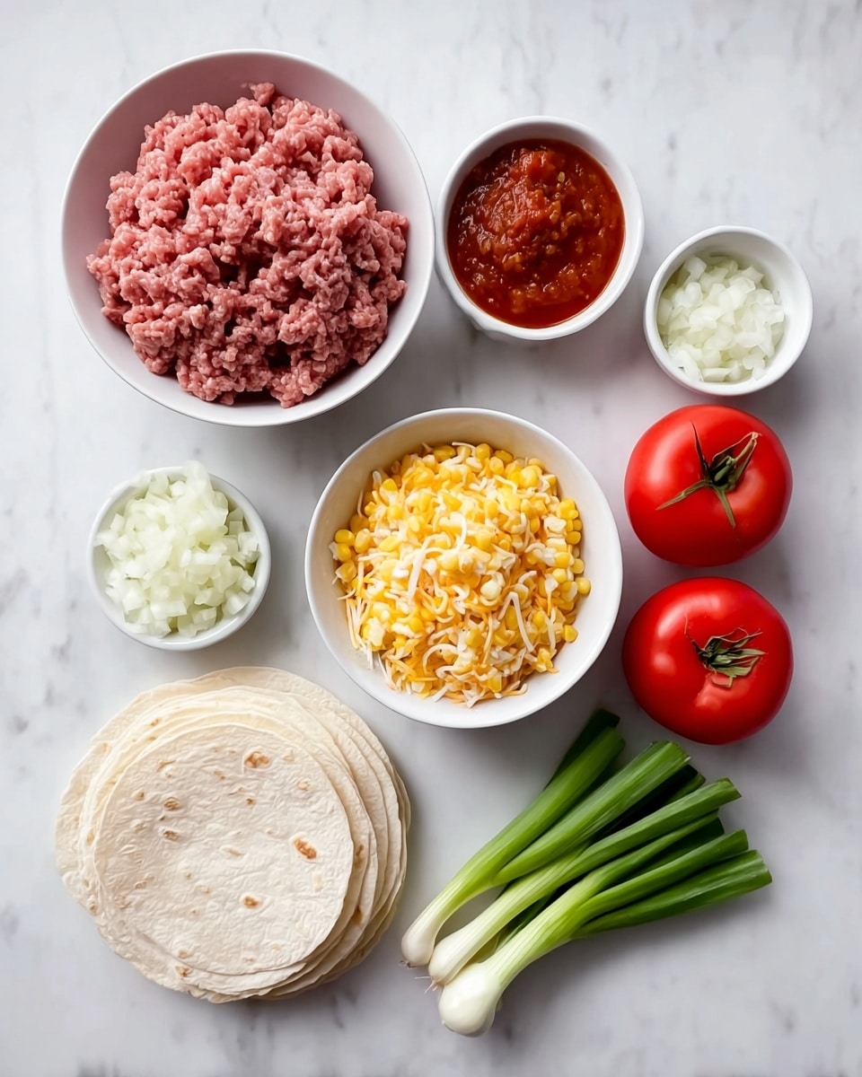 The image shows six groups of ingredients arranged neatly on a white marbled surface. At the top left is a white bowl filled with raw pink ground meat, next to it at the top right are two small white bowls, one with chopped white onions and the other with thick red salsa. Below these, in the center right, there is a white bowl filled with a mix of yellow and white shredded cheese and corn kernels. At the bottom right, there are three green spring onions with white ends, lying flat. To the bottom left, there is a neat stack of small white tortillas, and next to them two round red tomatoes with green stems are placed close to each other. Photo taken with an iphone --ar 4:5 --v 7