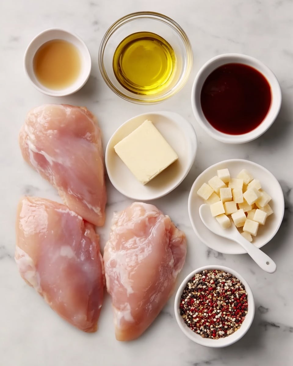 The image shows three raw chicken pieces placed on a white marbled surface as the center layer, smooth and shiny with a light pink color. Around them are six small white bowls with different ingredients: a clear, pale yellow oil in a glass bowl at the top, a dark reddish-brown sauce in a round bowl to the right of the oil, a small square piece of pale yellow butter on a small white plate to the left of the oil, a light brown liquid in a round bowl below the butter, light tan sugar cubes in a small white spoon below the brown liquid, and a round white bowl filled with coarse black, red, and white pepper mix at the bottom right near the chicken. All elements are arranged neatly on a white marbled surface photo taken with an iphone --ar 4:5 --v 7