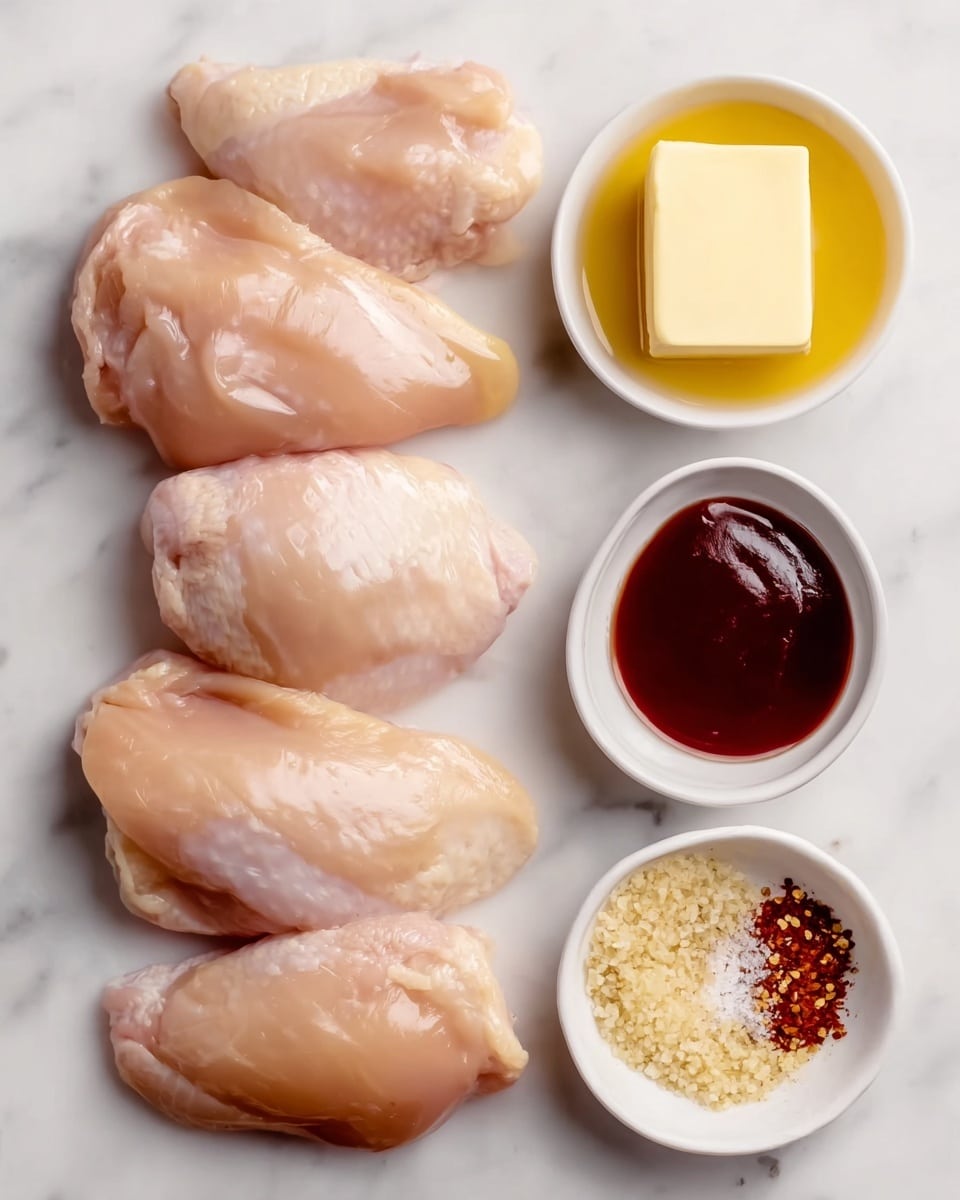 The image shows four raw chicken pieces placed vertically on the left side on a white marbled surface. On the right side, there are four small white bowls arranged in a vertical line: the top bowl holds a square of pale yellow butter, below it is a bowl with smooth dark reddish-brown sauce, followed by a bowl containing a yellow liquid, and the bottom bowl has coarse light brown sugar crystals mixed with white salt, black pepper, and a pinch of red chili powder. The setup is clean and simple with ingredients neatly organized. photo taken with an iphone --ar 4:5 --v 7