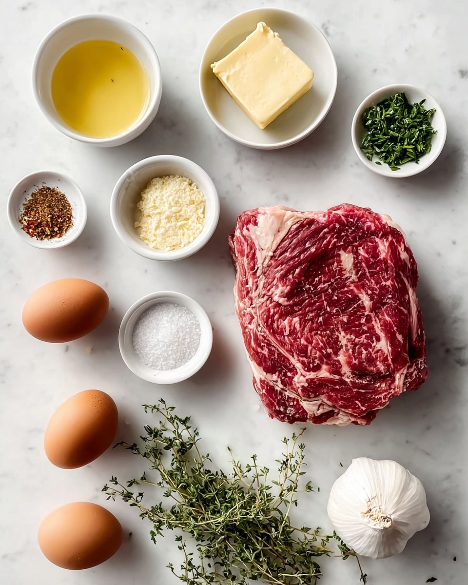 The image shows a white marbled surface with a large piece of raw marbled red meat placed near the center. Around the meat, there are small white bowls and dishes containing yellow butter, white coarse salt, light yellow powder, chopped green herbs, mixed coarse pepper, and reddish seasoning powder. Below the meat are four brown eggs and a whole white garlic bulb. Near the bottom right corner, several sprigs of fresh green thyme lay spread out gently. The scene is well-lit with soft natural light. Photo taken with an iphone --ar 4:5 --v 7