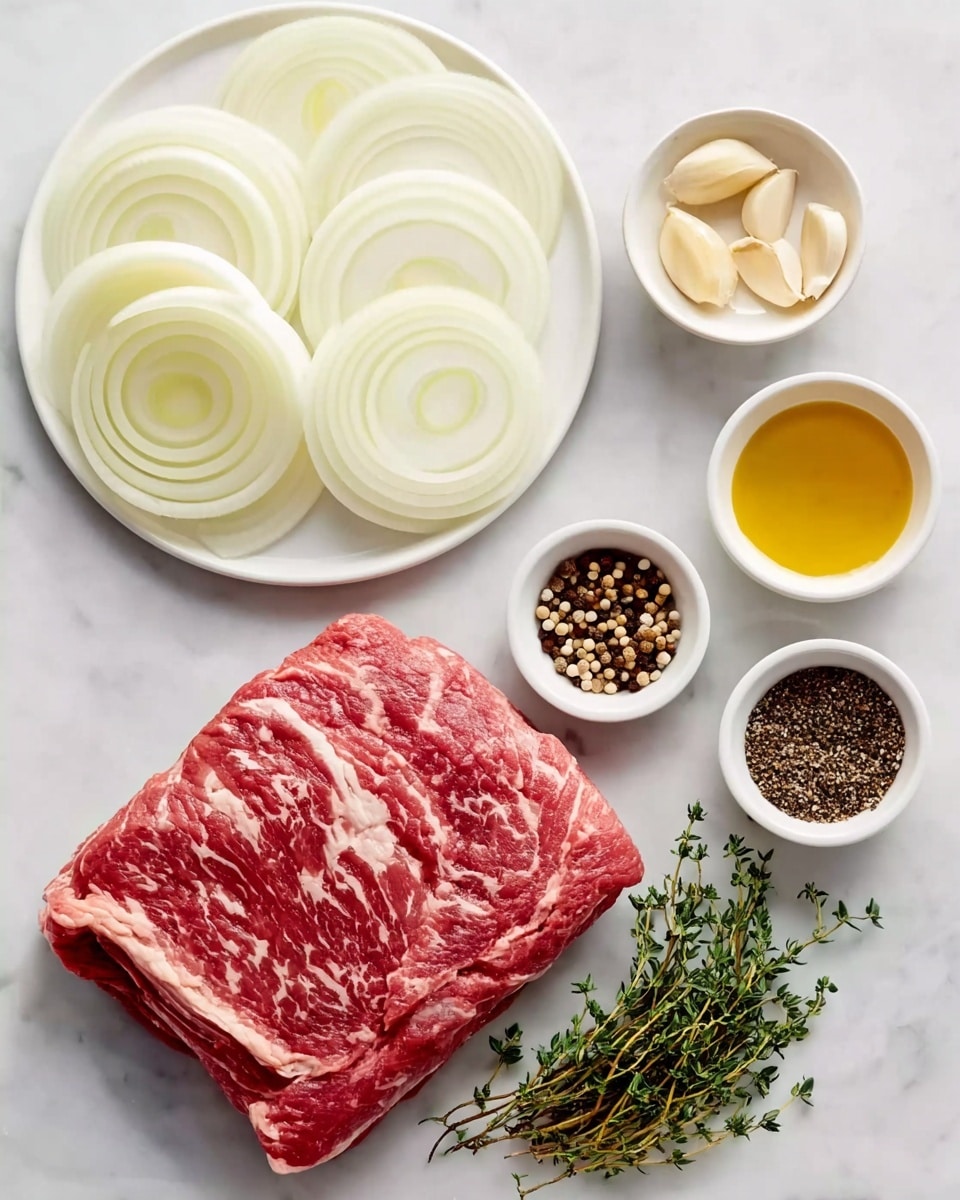 A thick piece of raw marbled red meat with white fat lines lies on a white marbled surface next to a small pile of fresh green thyme sprigs. To the left are five sliced white onion rings spread out on a white plate. Above the onions is a small white bowl holding five cloves of peeled garlic. Near the garlic is another small white bowl filled with mixed whole black, white, and brown peppercorns. Above the meat, two more white bowls sit side by side—one contains coarse white salt, and the other holds golden yellow oil. The setup is neat, simple, and ready for cooking photo taken with an iphone --ar 4:5 --v 7