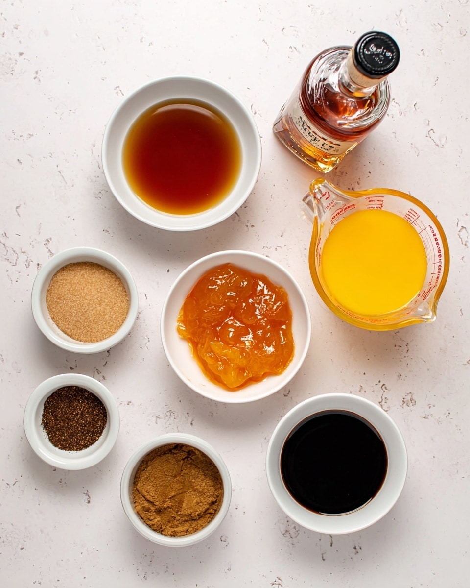 A large, thick ham with shiny, dark brown glaze is shown with a woman's hand pouring more sauce on it from a small clear glass pitcher. The ham has deep cuts in a crisscross pattern, showing its pinkish-orange inside and darker caramelized edges. Around the ham, there are grilled orange slices with brown grill marks, and some green herbs with small white flowers decorate the side. The whole scene is on a white marbled surface. photo taken with an iphone --ar 4:5 --v 7