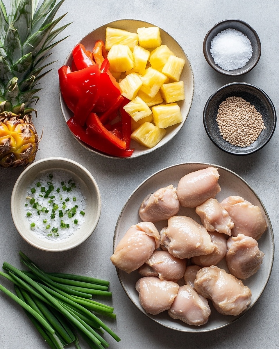 The dish shows a white pan filled with three main layers: bright red bell pepper pieces that are firm and glossy, golden yellow pineapple chunks that are juicy and shiny, and tender light brown chicken pieces coated in a thick, glossy orange sauce. Small pieces of chopped green onions are scattered on top, and white sesame seeds are sprinkled over everything. A light wooden spatula stirs the food. The pan rests on a white marbled surface with a soft blue towel in the background. Photo taken with an iphone --ar 4:5 --v 7