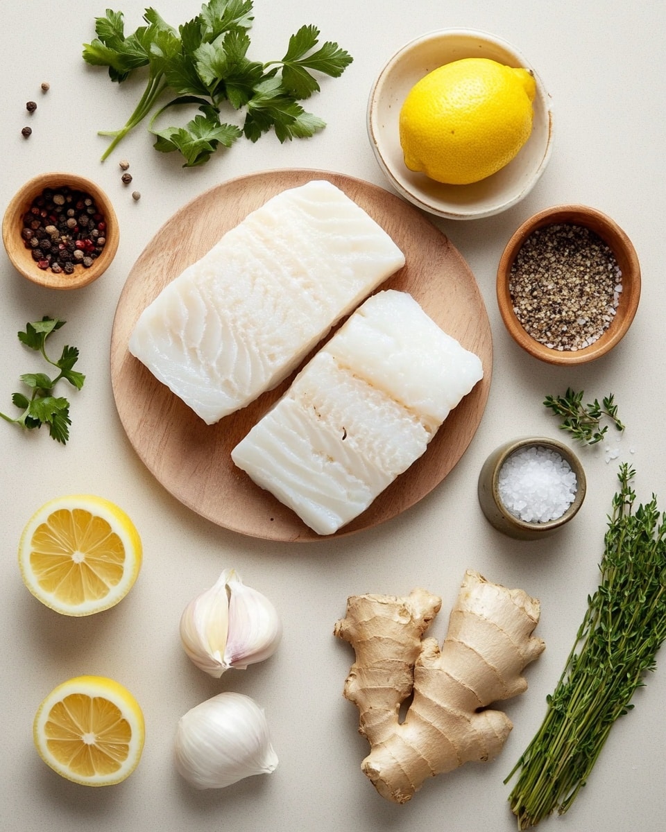 The image shows four pieces of cooked white fish with a golden brown, slightly crispy top layer, resting in a creamy yellow sauce with small bits of seasoning and herbs scattered on top. Each piece of fish has a thick, flaky texture with a shiny glaze, and tiny pieces of chopped green herbs and small yellow garnish bits are spread over the fish and sauce. The fish is placed in a white dish, and the background has a smooth white marbled texture. photo taken with an iphone --ar 4:5 --v 7