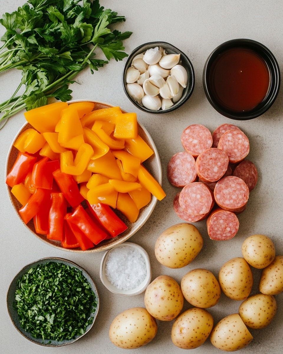 A black pan filled with a colorful mix of cooked food pieces. The dish has three main layers: bright orange baby carrots scattered all over, small round golden-yellow potatoes cut in halves, and thick slices of deep red sausage with grill marks on the outer edges. Small green broccoli florets are spread throughout the pan adding contrast. The food looks shiny and slightly charred, giving a cooked and flavorful look. The pan is placed on a white marbled surface. photo taken with an iphone --ar 4:5 --v 7