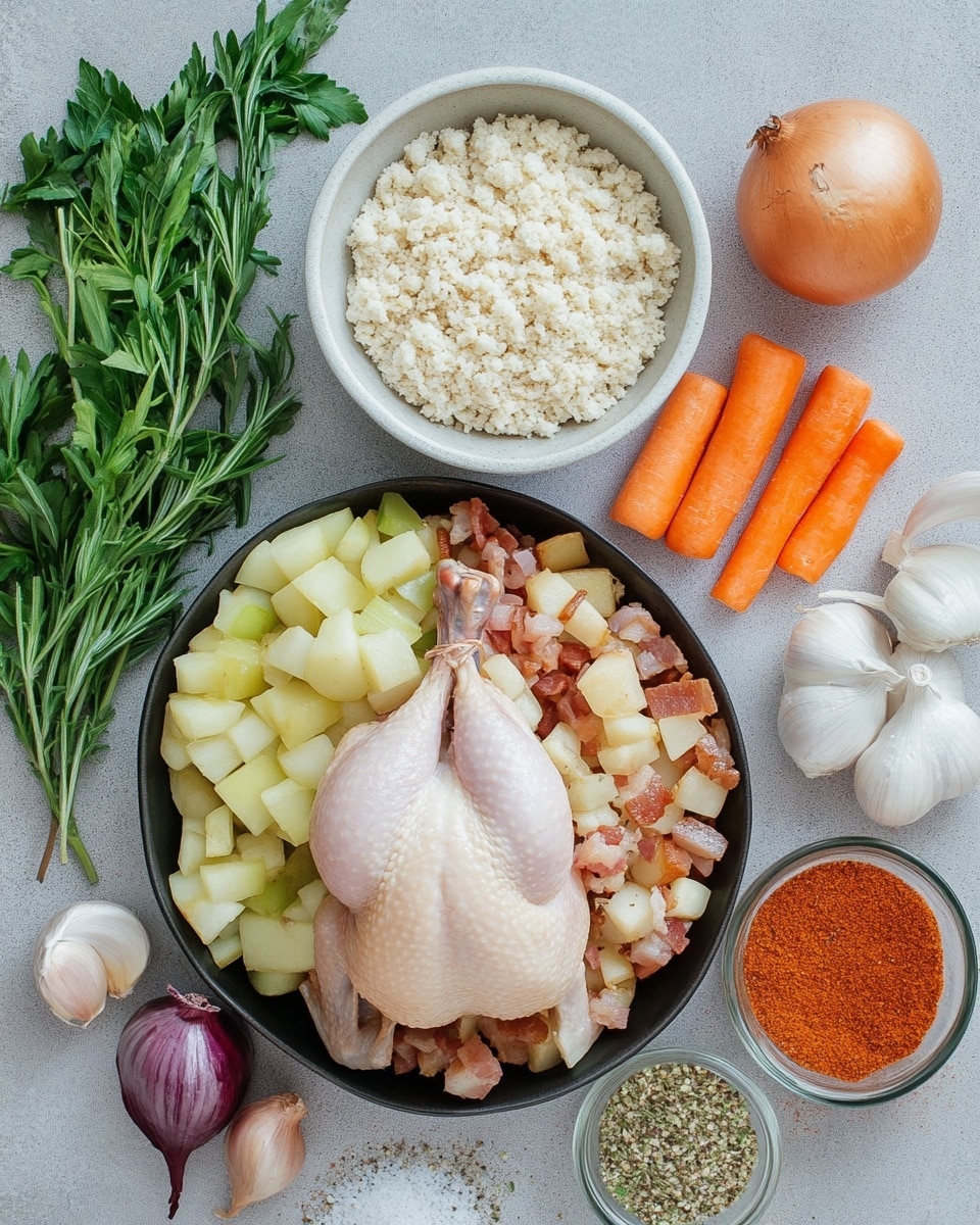 A golden brown roasted whole chicken sits in the center of a square baking tray filled with broth. Surrounding the chicken are chunky pieces of bright orange carrots, pale green celery, and soft white onion, all cooked in the liquid. The chicken skin is crispy with herbs sprinkled on top, and the legs are tied together. The background is a white marbled texture. photo taken with an iphone --ar 4:5 --v 7