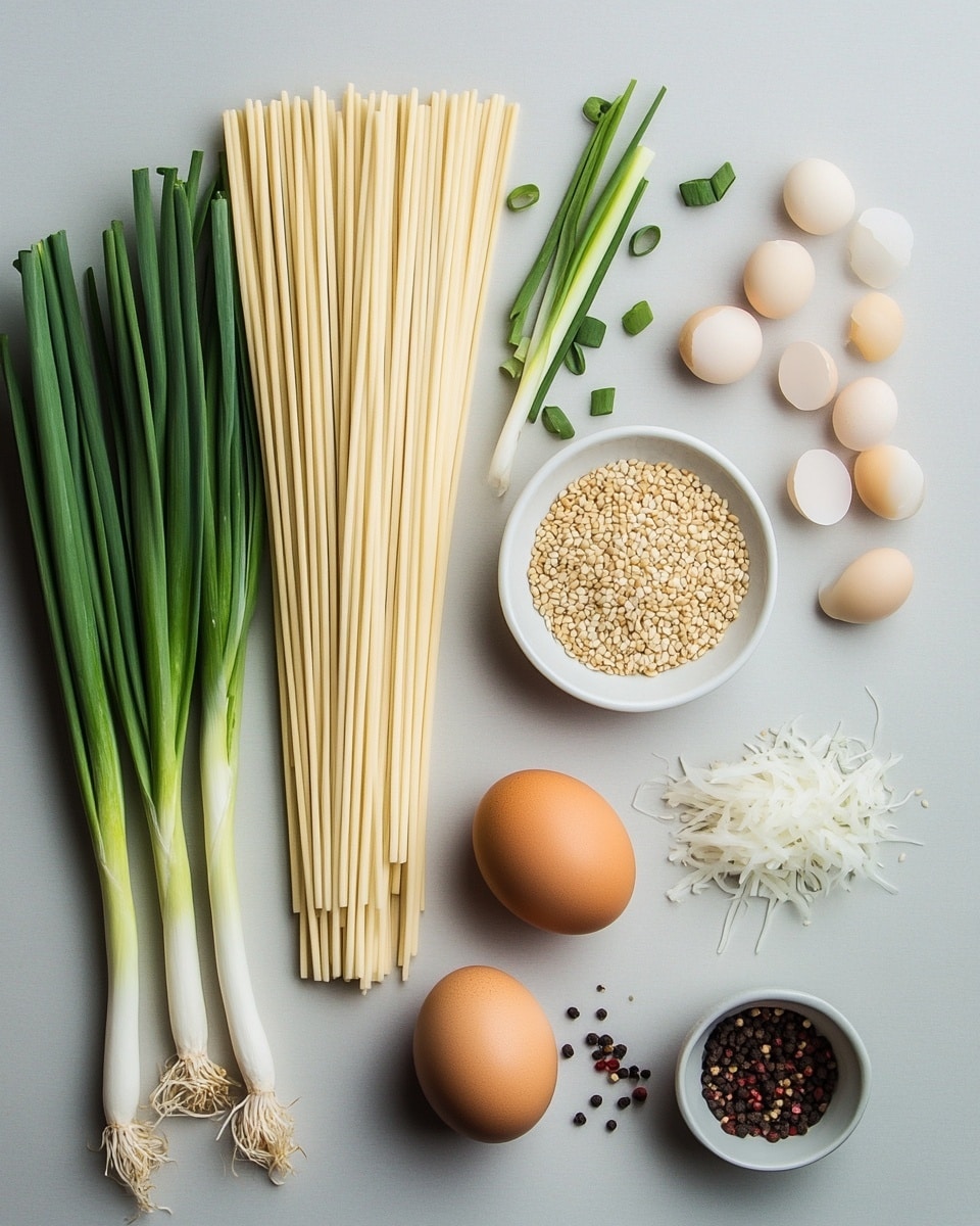 A bowl of noodle soup with four main layers is shown. The bottom layer is light brown clear broth filling most of the white bowl with a blue floral pattern. Floating on the broth is a thick layer of white noodles, loosely arranged with some looped and some straight. Scattered on top of the noodles are chunks of white shredded egg and dark brown mushroom pieces, adding texture and color contrast. Bright green sliced spring onions are sprinkled across the surface as the final layer. A pair of wooden chopsticks rest on the bowl's rim, and the bowl sits on a white marbled surface with a yellow cloth nearby. Photo taken with an iphone --ar 4:5 --v 7