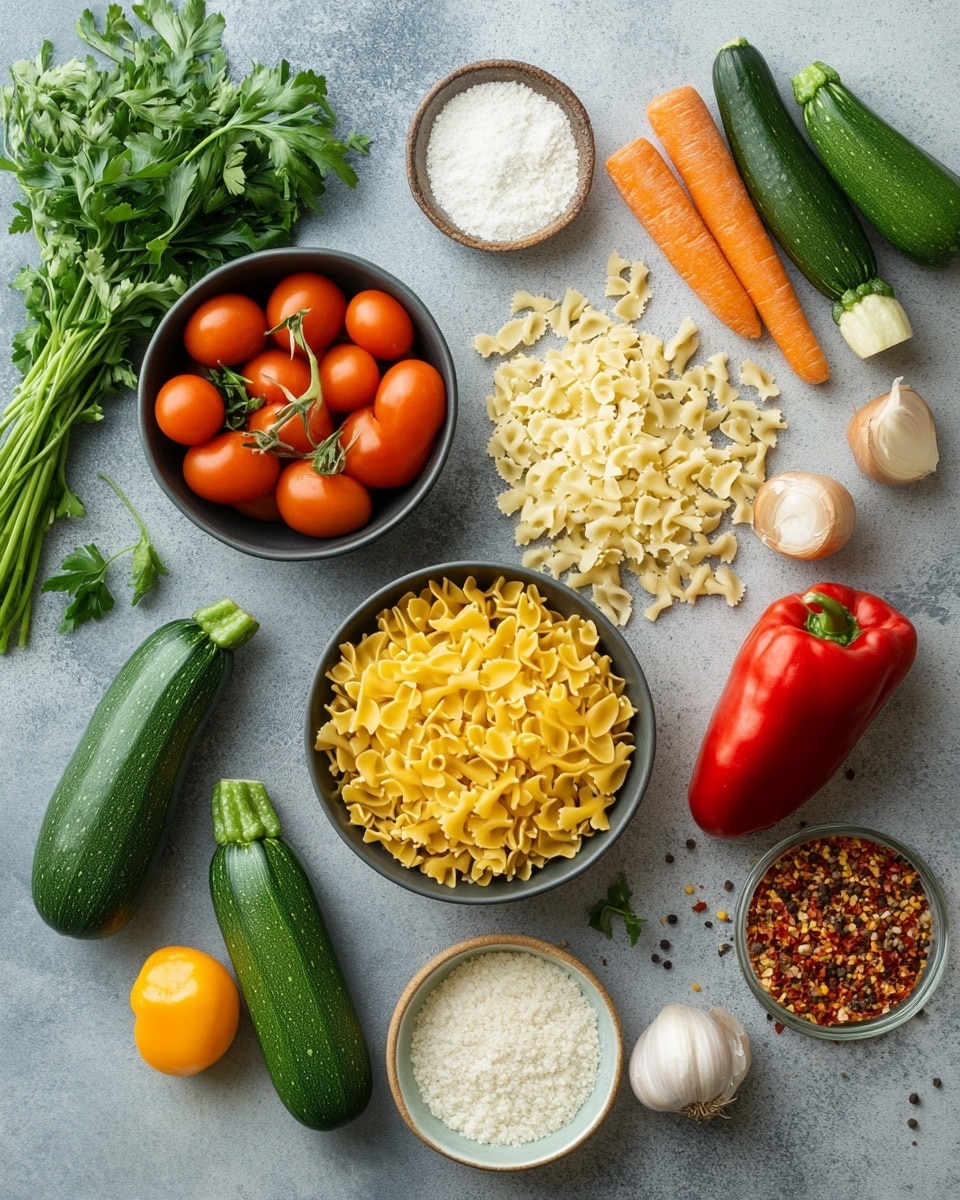 The image shows a white bowl filled with a colorful vegetable soup. The soup has several visible layers: at the bottom, there is a rich red tomato broth. Floating in the broth are small pasta rings in a pale yellow color, bright orange carrot chunks, green and yellow zucchini pieces, and small bits of light beige cooked meat. Fresh green chopped herbs are sprinkled on top, adding color contrast. A wooden spoon rests inside the bowl, partly submerged in the soup. In the background, a white marbled surface holds a white bowl of shredded cheese and a green leafy herb, while a white cloth with a red stripe is at the lower left corner. Photo taken with an iphone --ar 4:5 --v 7
