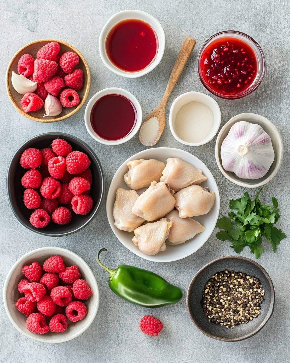 The image shows a black pan filled with five pieces of golden brown cooked chicken with a slightly shiny surface, sitting in a dark red sauce. Around and on the chicken are bright red raspberries, some whole and some with juice spots, and several green slices of jalapeno pepper placed on top of the chicken and in the sauce. Small bright green cilantro leaves are scattered on the chicken and sauce, adding a fresh touch to the rich colors. The pan rests on a white marbled surface with a hint of a white cloth on the bottom right. photo taken with an iphone --ar 4:5 --v 7
