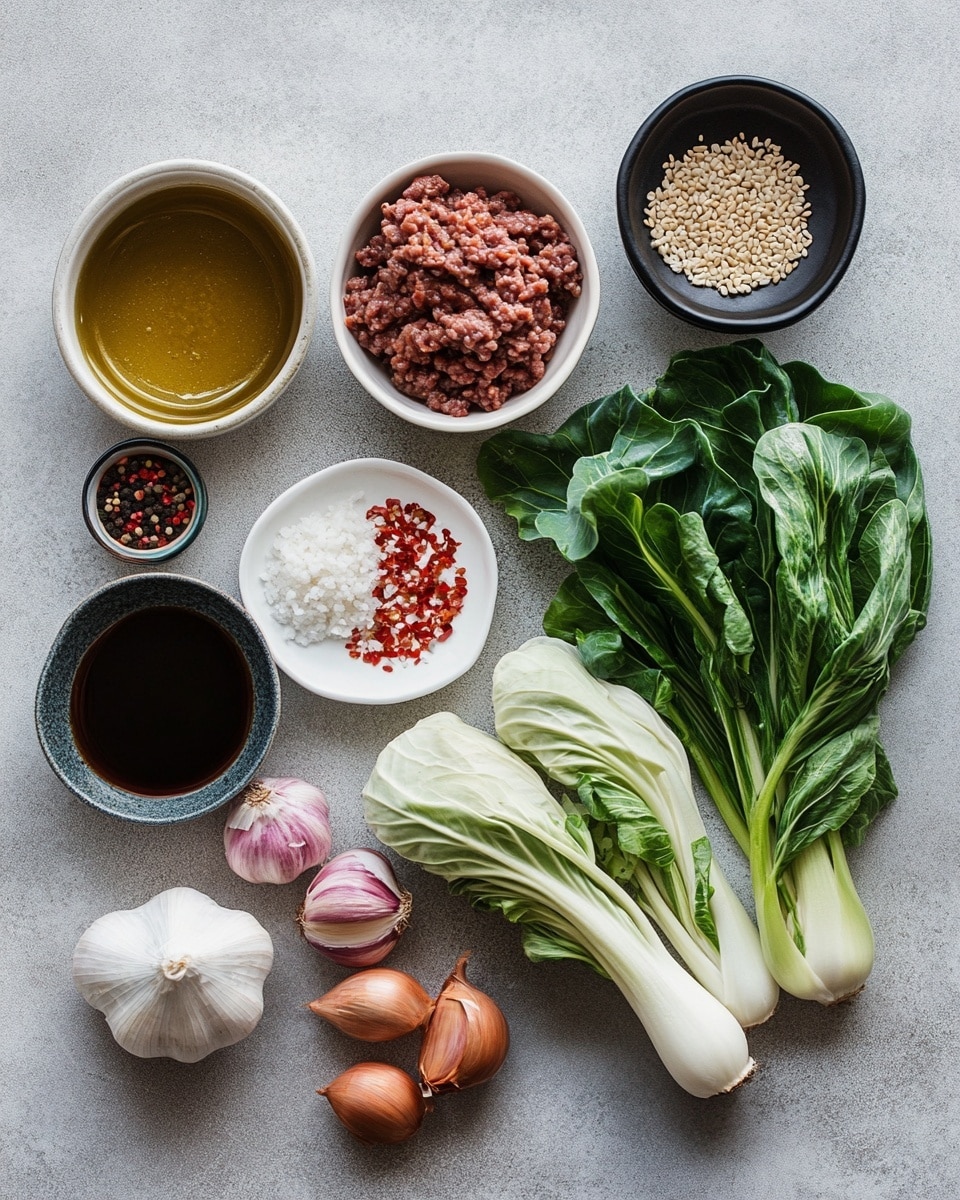 A white shallow bowl holds a stir-fried dish with three main layers: the base layer is light green and pale white bok choy pieces with a slightly glossy, soft texture; on top of that, a generous amount of small, crumbly brown cooked ground meat is spread evenly; scattered throughout are bright, fresh-looking dark green leafy parts of bok choy, adding contrasting color and texture. The dish glistens slightly as it appears lightly coated with some oil and tiny bits of cooked onions or garlic are mixed in. The bowl is placed on a white marbled surface. Photo taken with an iphone --ar 4:5 --v 7