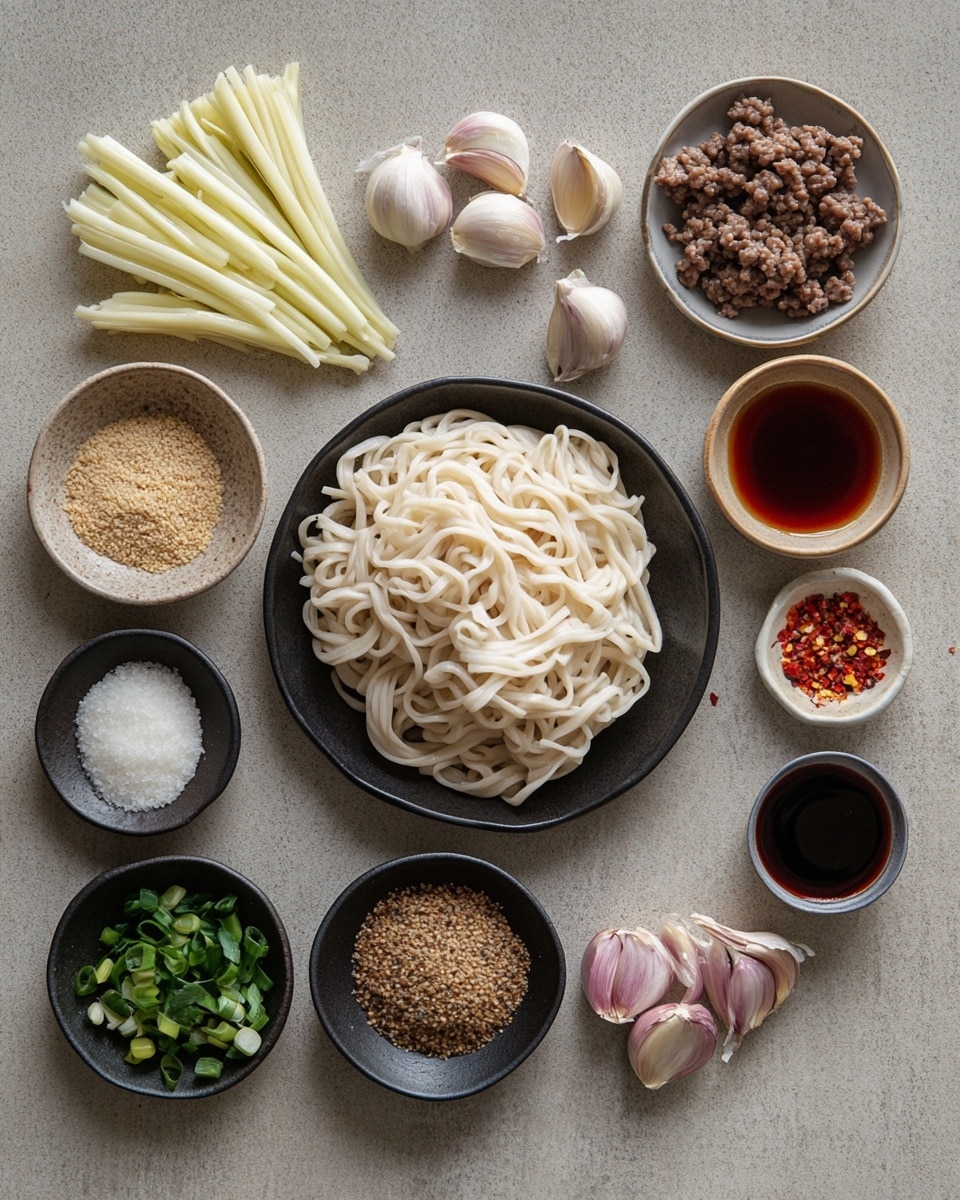 A bowl filled with a single layer of light brown noodles mixed with ground meat pieces that are darker brown, scattered with small red chili flakes and bright green chopped scallions on top. The noodles look moist and slightly oily, tangled together in an even mix with the meat. The bowl is white with a clean rim, placed on a white marbled surface, and a pair of black chopsticks is lifting some noodles from the right side of the bowl. In the background, out of focus, there are two small white bowls, one with more sliced scallions and one with red chili flakes. Photo taken with an iphone --ar 4:5 --v 7