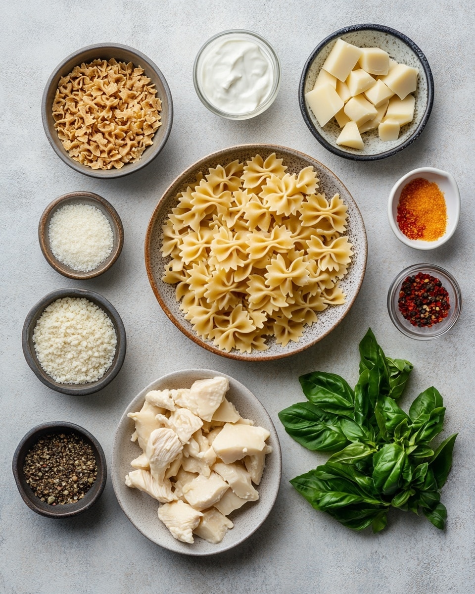 The image shows a white plate with two main parts: on the left side, there is a layer of cooked bowtie pasta, light yellow in color, coated with a shiny sauce and sprinkled with green herbs and black pepper, giving a slightly glossy and textured look; on the right side, there are several pieces of grilled meat, golden brown with charred black spots and sprinkled with green herbs, showing a juicy and textured surface. The plate sits on a white marbled surface. Photo taken with an iphone --ar 4:5 --v 7