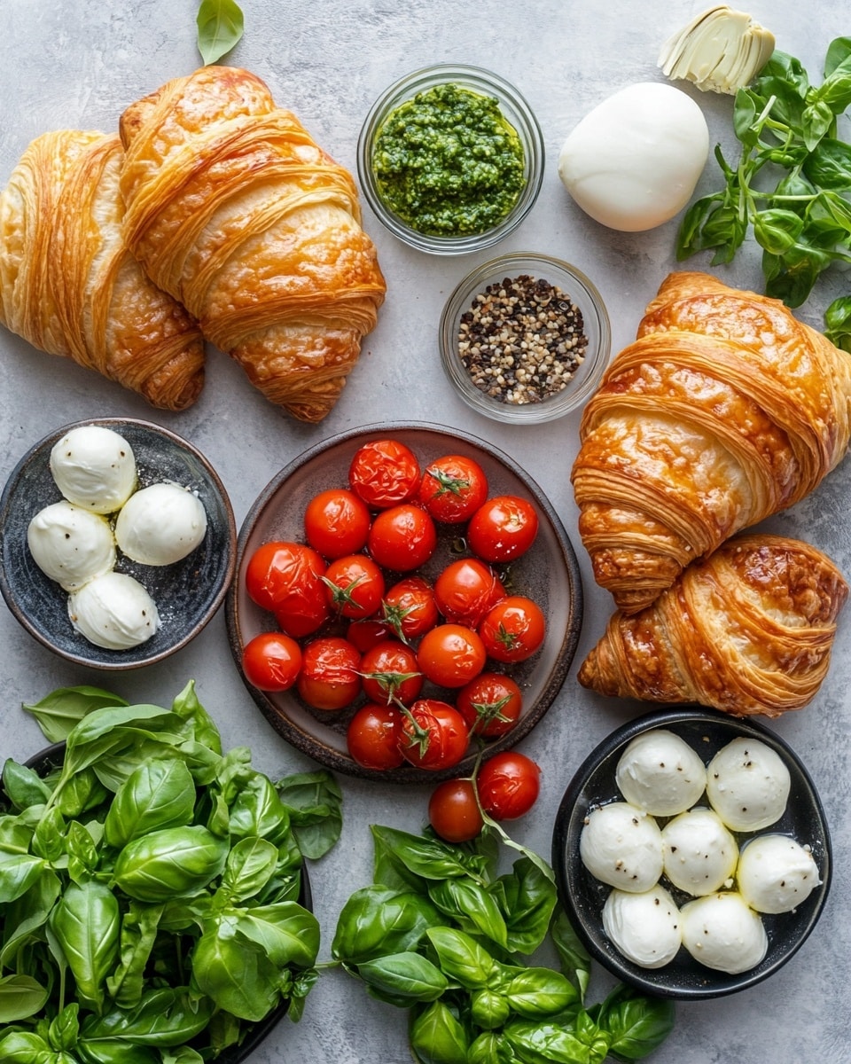 A toasted golden brown croissant with black sesame seeds on top sits open-faced on a white plate, layered from bottom to top with a thick spread of green pesto, slices of bright red tomato, chunks of white cheese, and fresh green arugula leaves both inside and spilling out around the croissant. The plate rests on a white marbled surface, with a blurred black pepper grinder and olive oil bottle in the background, and a bowl of green salad slightly out of focus behind. A knife with a decorative handle lies at the edge of the plate, and some arugula leaves and tomato pieces are scattered nearby. Photo taken with an iphone --ar 4:5 --v 7