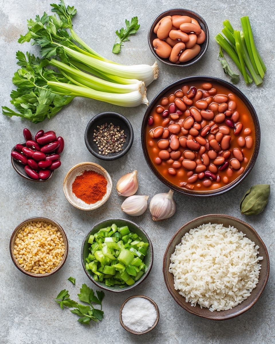 The image shows a white bowl filled with a thick, rich stew made of dark red beans and slices of browned sausage. The stew has a chunky texture with visible pieces of beans and sausage all mixed in a reddish-brown sauce. On top of the stew, there is a neat mound of white rice sprinkled with small bits of green herbs. A wooden spoon with a dark handle rests inside the bowl on the left side. Behind the bowl, a large white pot filled with more of the same stew sits on a white marbled surface, next to a red cloth with subtle stripes. The overall colors are warm and earthy with a cozy, hearty feel. photo taken with an iphone --ar 4:5 --v 7