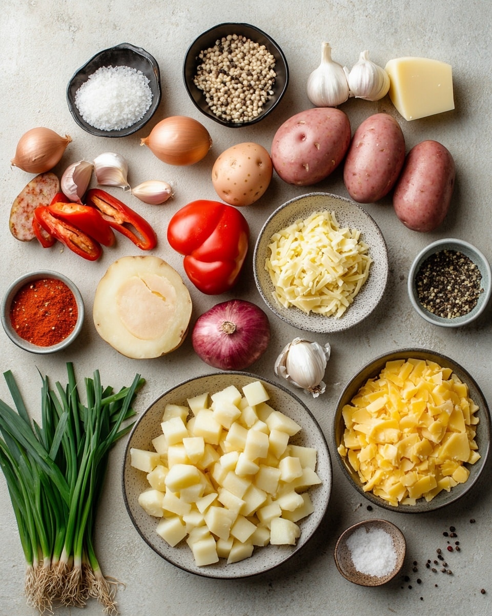A close-up view of a metal baking tray filled with a layered egg dish. The dish has visible chunks of light brown sausage, yellow potatoes, bright red bell pepper pieces, and small green herbs scattered on top. The egg layer is soft and pale yellow, binding the ingredients together. A wooden spatula is lifting a square piece from the tray, showing the thick, slightly fluffy texture of the egg layer mixed with the chunky ingredients. A woman's hand holds the spatula against a white marbled surface background. Photo taken with an iphone --ar 4:5 --v 7