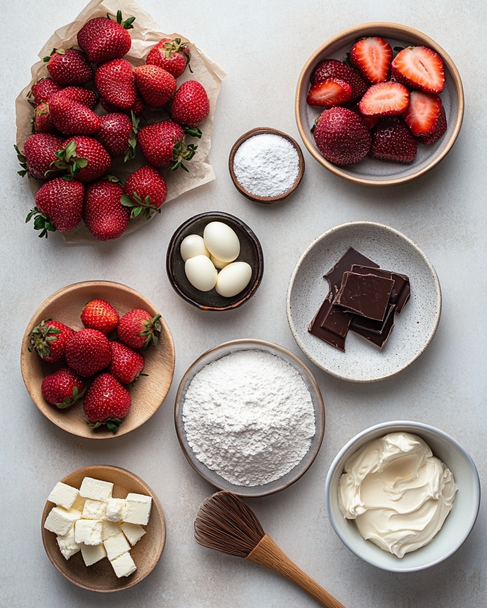 A white plate on a white marbled surface holds two cake balls split in half, showing four layers inside: a bottom white sponge layer, a middle pink creamy layer with red pieces, another white sponge layer, and more pink creamy layer on top. The outside is a smooth white coating with thin white lines drizzled and topped with small pink and yellow crumbs. Around the plate are scattered pink crumbs and fresh red strawberries with green leaves. In the background, more white-coated cake balls with pink spots sit blurred, and soft pink fabric adds color behind them. Photo taken with an iphone --ar 4:5 --v 7