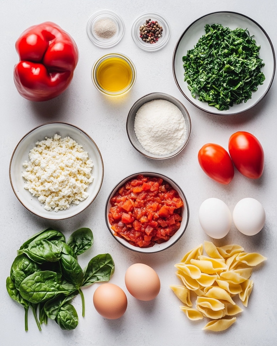 The image shows a white oval baking dish filled with stuffed pasta shells covered in melted cheese and tomato sauce. The dish has two visible layers: a bottom layer of chunky red tomato sauce with pieces of meat, and on top, large pasta shells filled with a creamy white cheese mixture, melted and slightly golden. Bright green basil leaves are scattered on top, adding contrast. One stuffed shell is being lifted out with a serving spatula that has a wooden handle. The dish sits on a soft pink cloth on a white marbled surface, with small bowls of grated cheese, salt, and olive oil nearby. Photo taken with an iphone --ar 4:5 --v 7